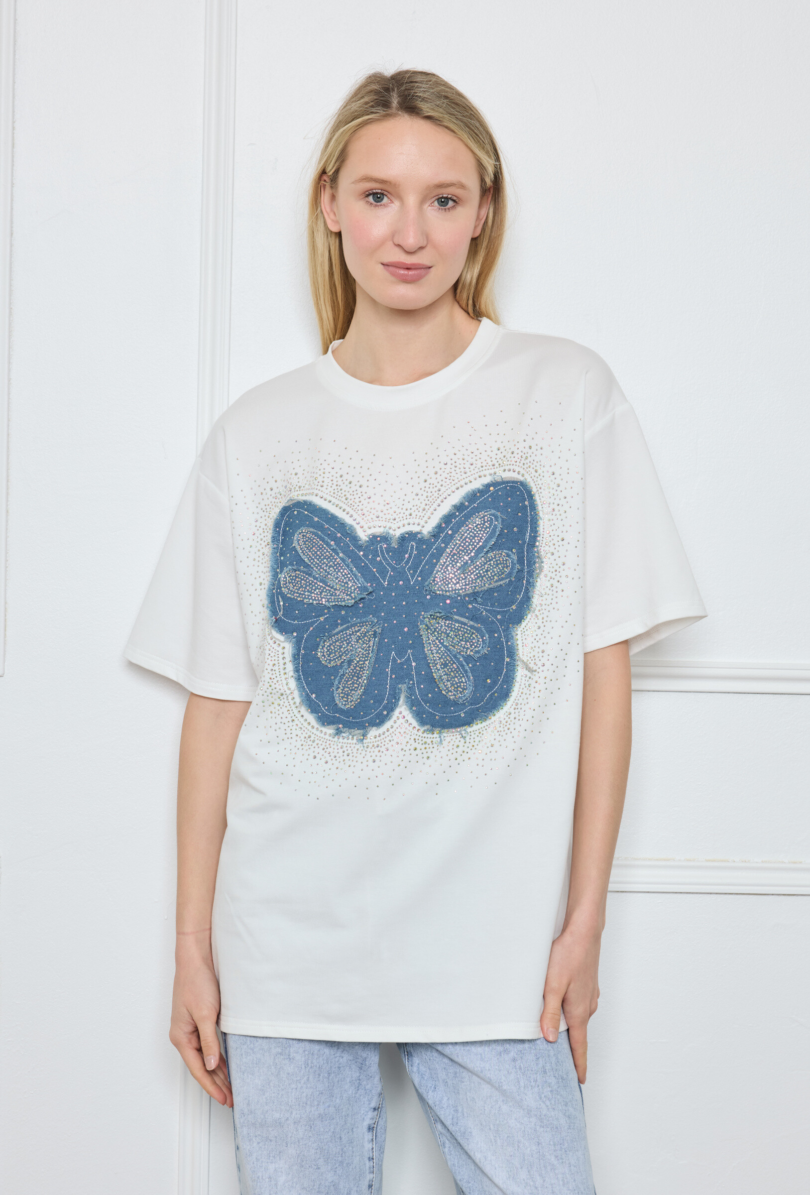 Wholesaler Flam Mode - Short sleeve t-shirt with butterfly and rhinestone pattern