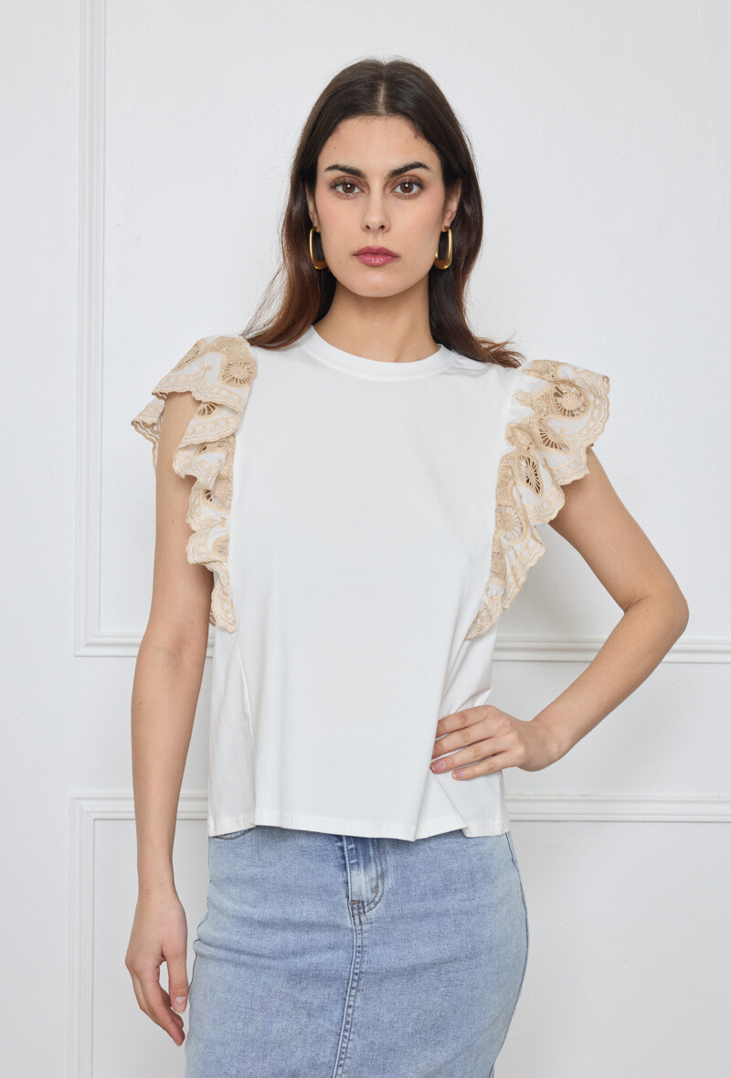 Wholesaler Flam Mode - Butterfly sleeve t-shirt with embroidery