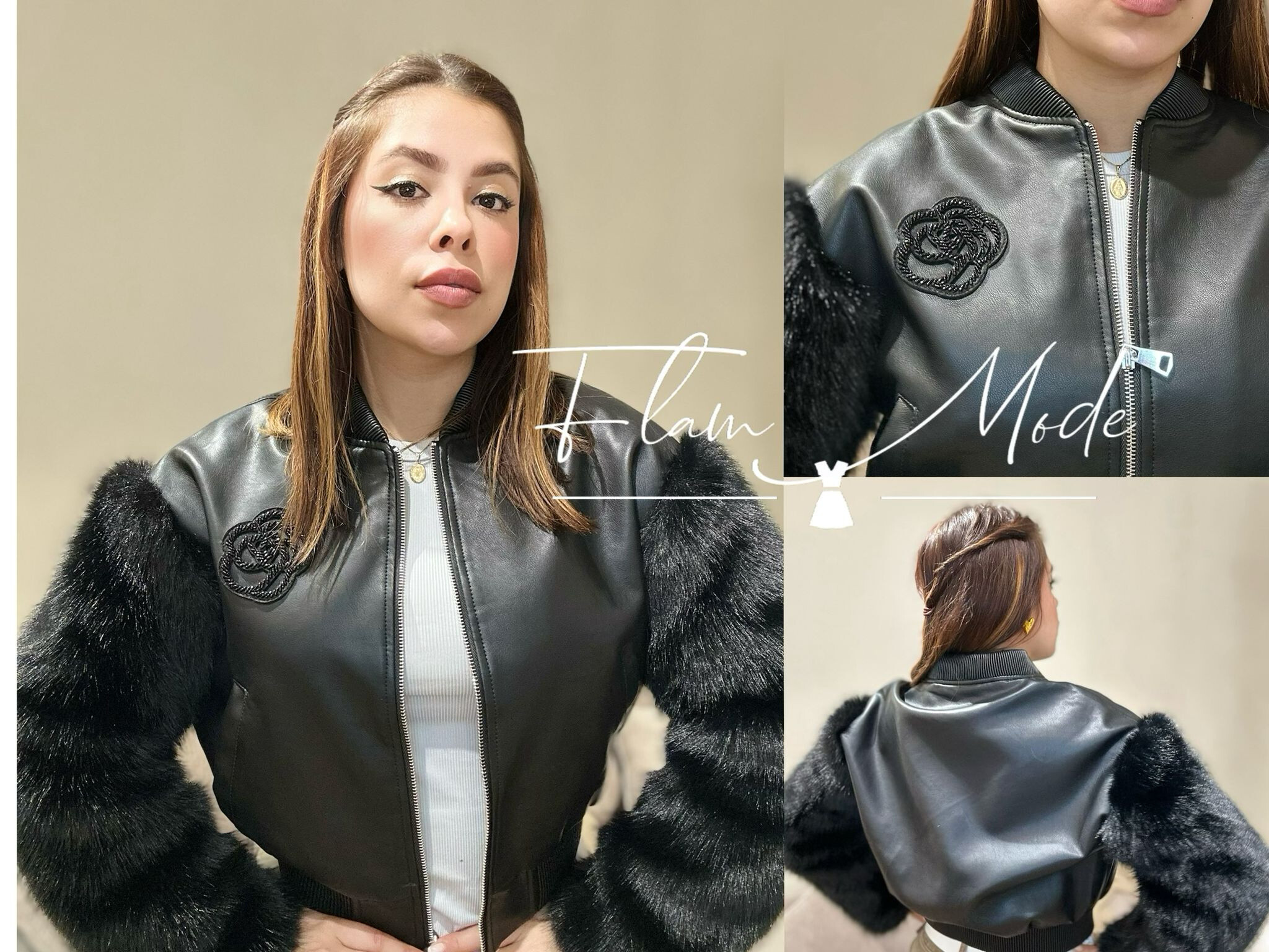 Grossiste Flam Mode - Veste en semilicuir manche en fourrure