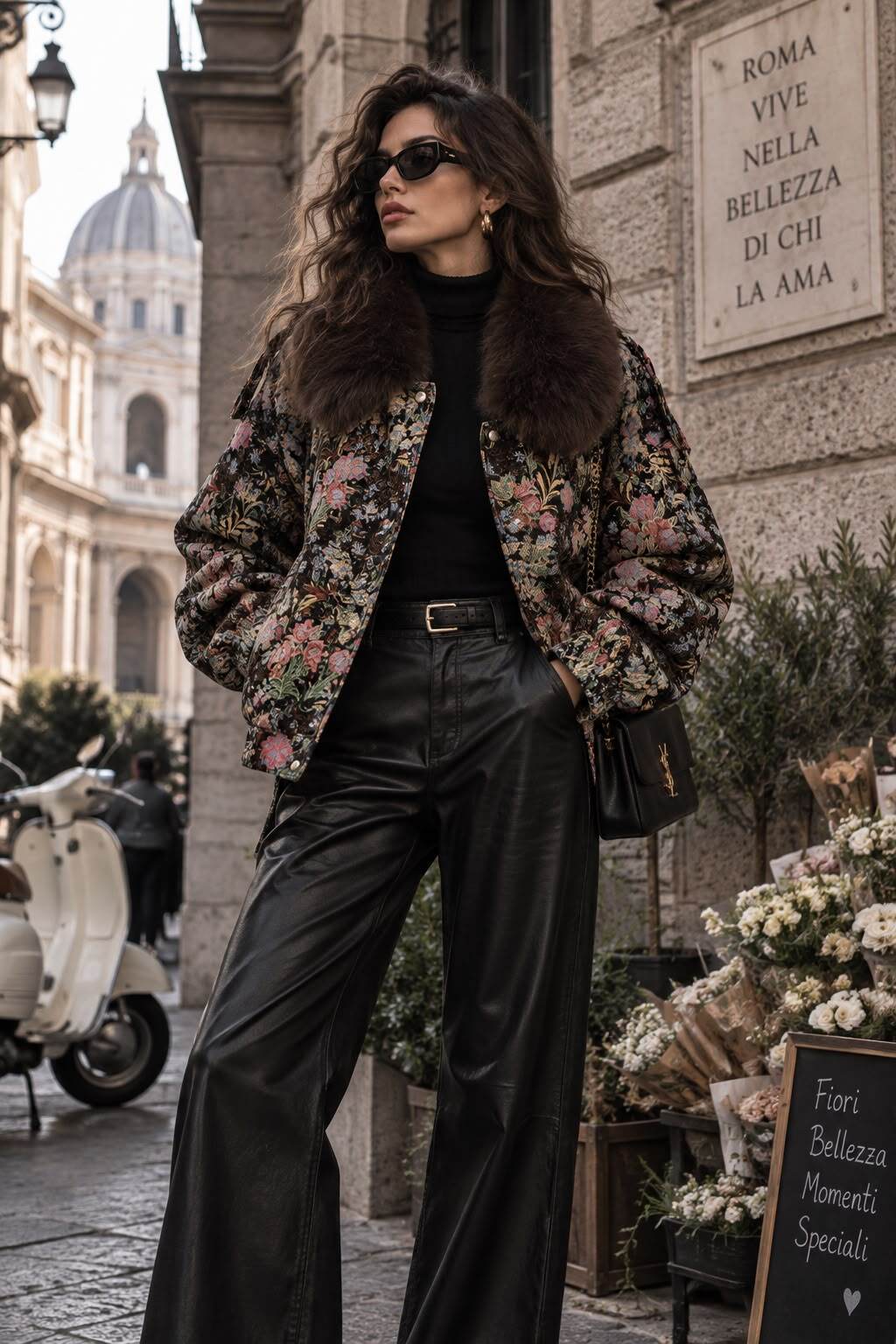 Großhändler Flam Mode - Blumen-Jacquard-Jacke mit Kunstfellkragen