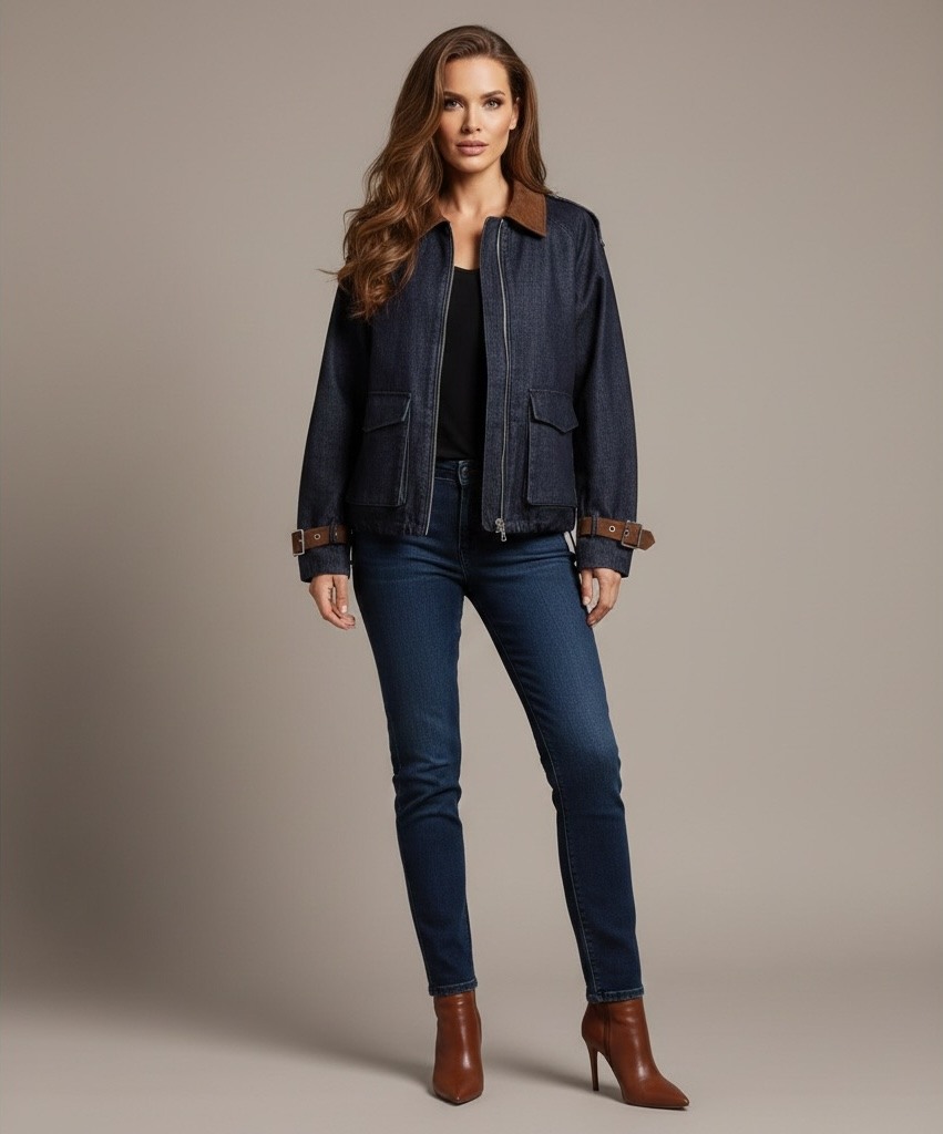 This denim jacket stands out with its elegant design blending modernity and sophistication. Its thick, structured fabric offers a flawless fit while ensuring optimal daily comfort. The collar and contrasting suede-like finishes add a refined and warm touch that instantly elevates the style.

The slightly oversized cut allows for great freedom of movement, while the patch pockets add a practical and trendy note. Adjustable straps at the cuffs and sides let you tailor the silhouette to your preferences.

Versatile and easy to match, this jacket pairs well with jeans or dressier pants for a casual chic look. Perfect for cool days when you want to stay stylish without sacrificing comfort.