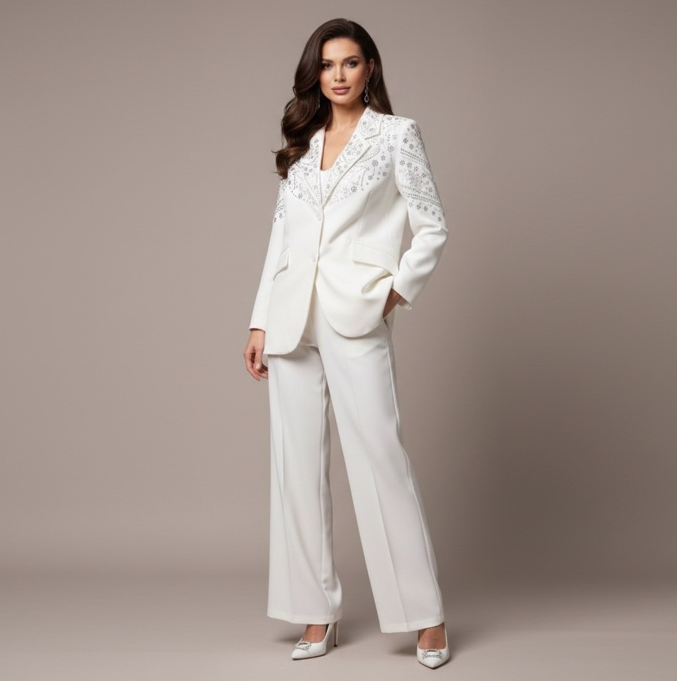 Let yourself be charmed by this elegant and ultra-trendy jacket, enhanced by a sparkling embroidery that instantly illuminates the silhouette.

Its structured cut slims the waist and brings a sophisticated look, perfect for both a casual chic style and an evening outfit. Worn open or belted, it becomes a statement piece that transforms any outfit into a bold and glamorous style.

Available in dazzling white or timeless black, it is perfect for those who love to shine with elegance.

An essential for a fashionable, modern look full of character.