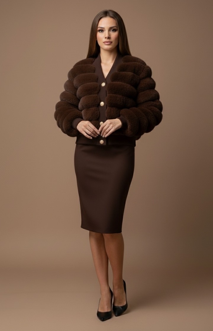 Make a statement with this ultra-soft faux fur cropped jacket, perfect for a glamorous and refined look.
Its plush texture and structured design provide both warmth and elegance, ideal for the cold season.
Featuring golden button closures and a flattering fitted cut, it pairs effortlessly with a dress or pants for an instant chic effect.