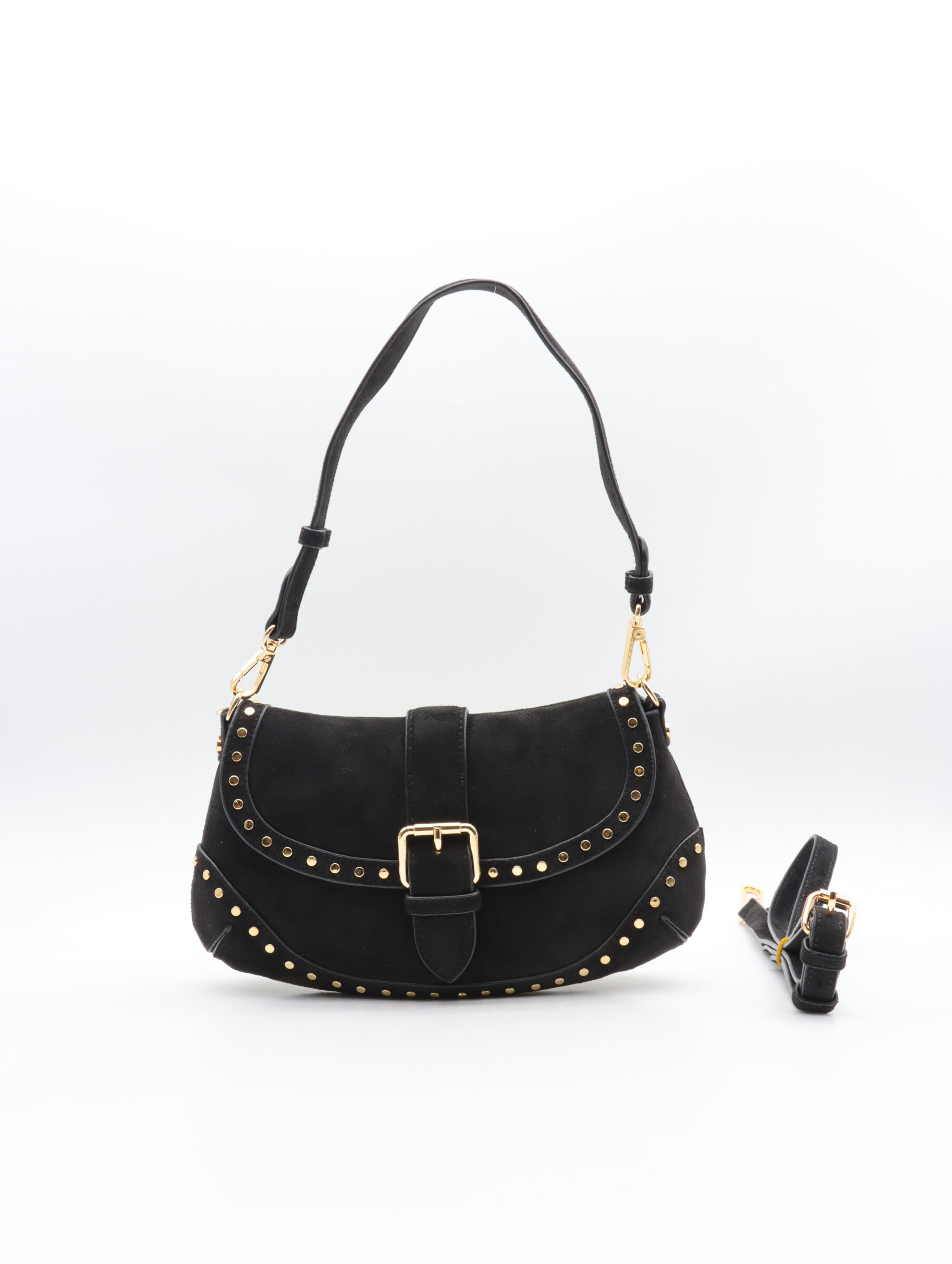 crossbody bag 
with 1 short strap and 1 long strap
front flap closure
interior zip pocket
stud decoration on the front
L28*H16*P5 cm