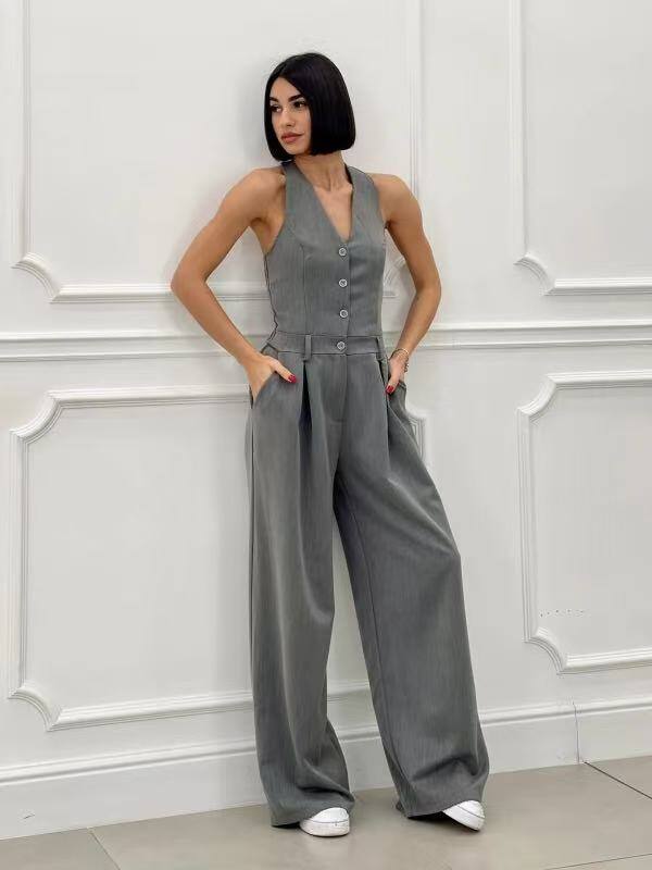 Grossista FOLIE LOOK - Tuta senza maniche a tinta unita con spalline e bottoni