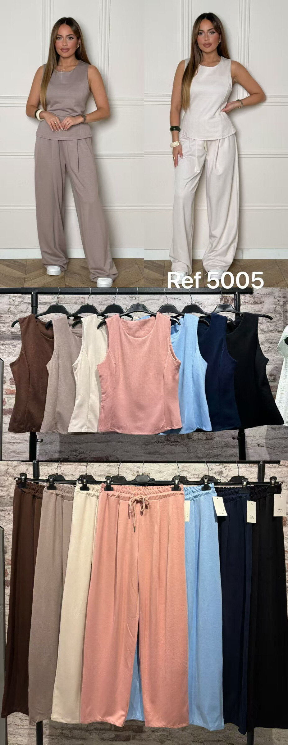 Grossiste FOLIE LOOK - Ensemble uni pantalon avec tops sans manche à col rond