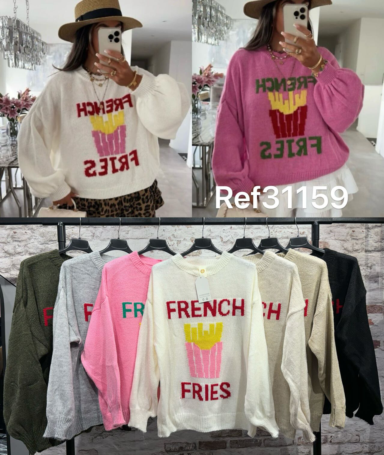 Wholesaler FOLIE LOOK - Long-sleeved sweater with fries pattern (mohair)