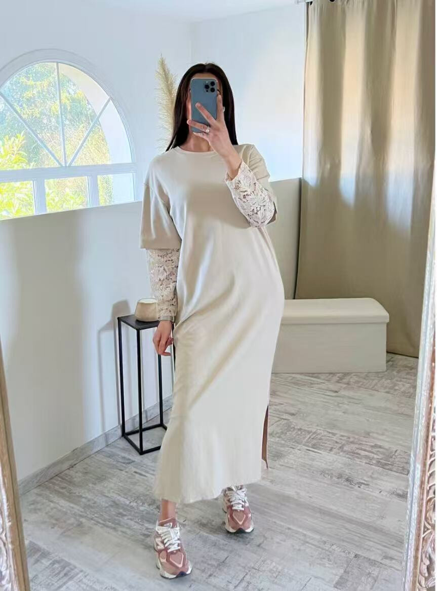 Wholesaler FOLIE LOOK - Long v -neck cotton dress with lace sleeves