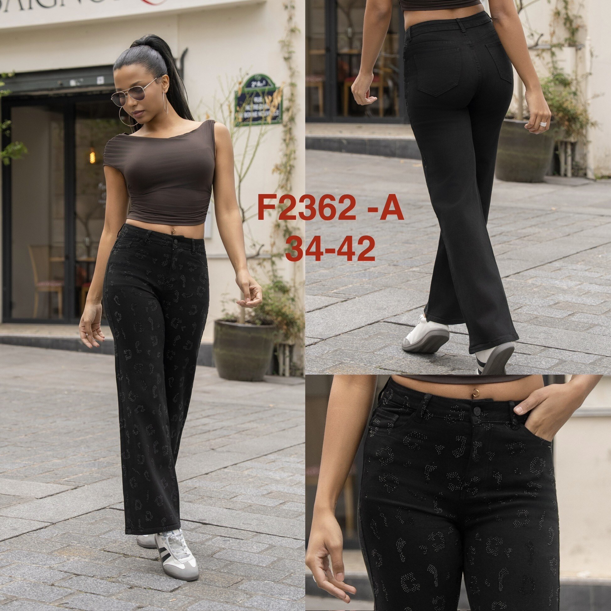 Grossista FOLYROSE - JEANS A GAMBA LARGA CON STRASS
