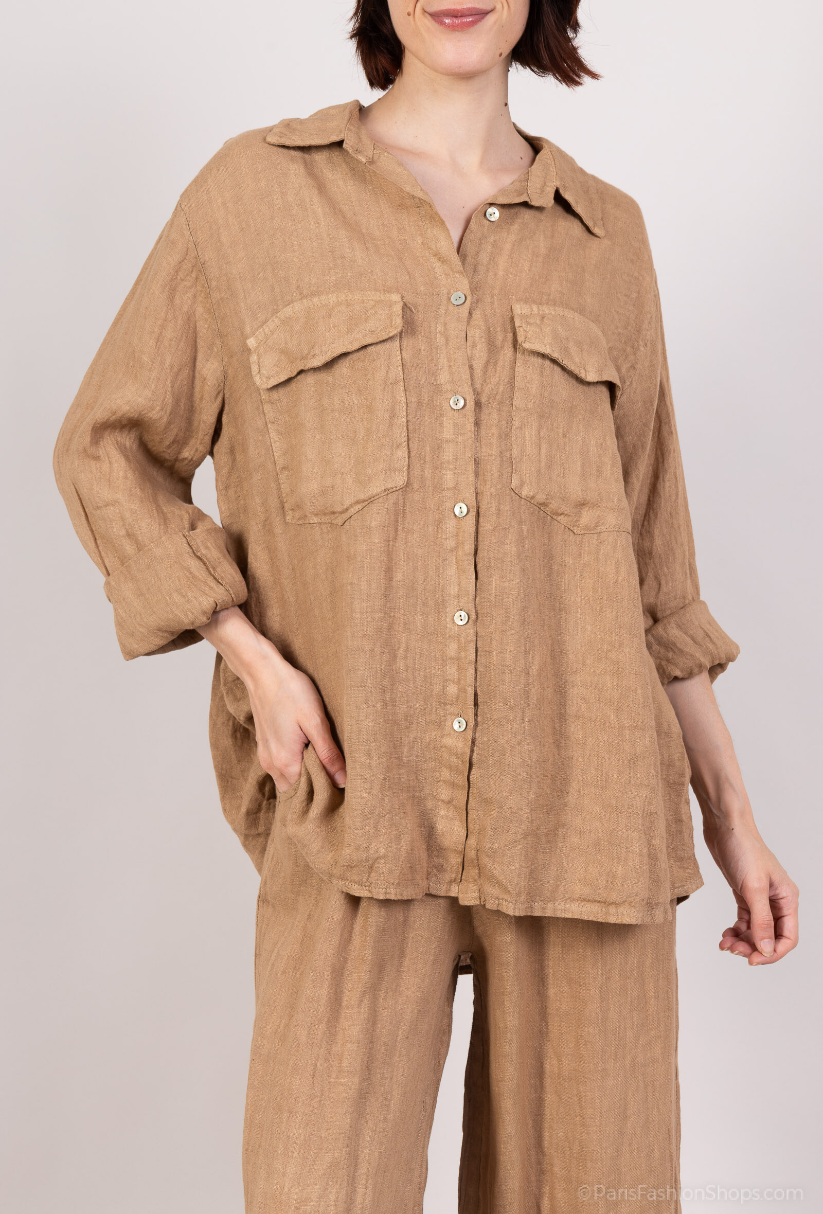 Mayorista For Her Paris Grande Taille - Camisa lisa 100% lino manga larga con 2 bolsillos con solapa
