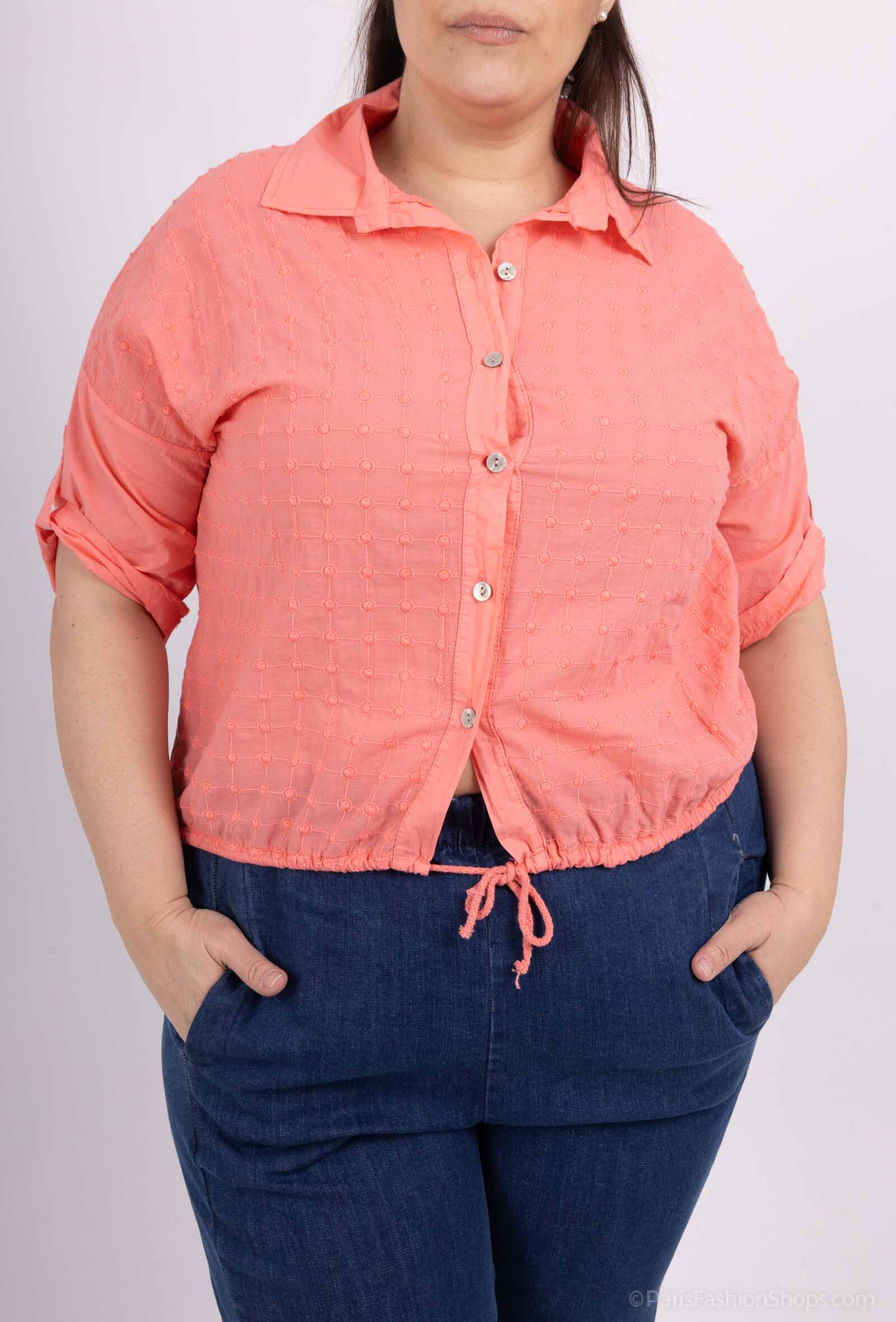 Wholesaler For Her Paris Grande Taille - Plain Cotton Shirt Effect Relief Sleeve 3/4