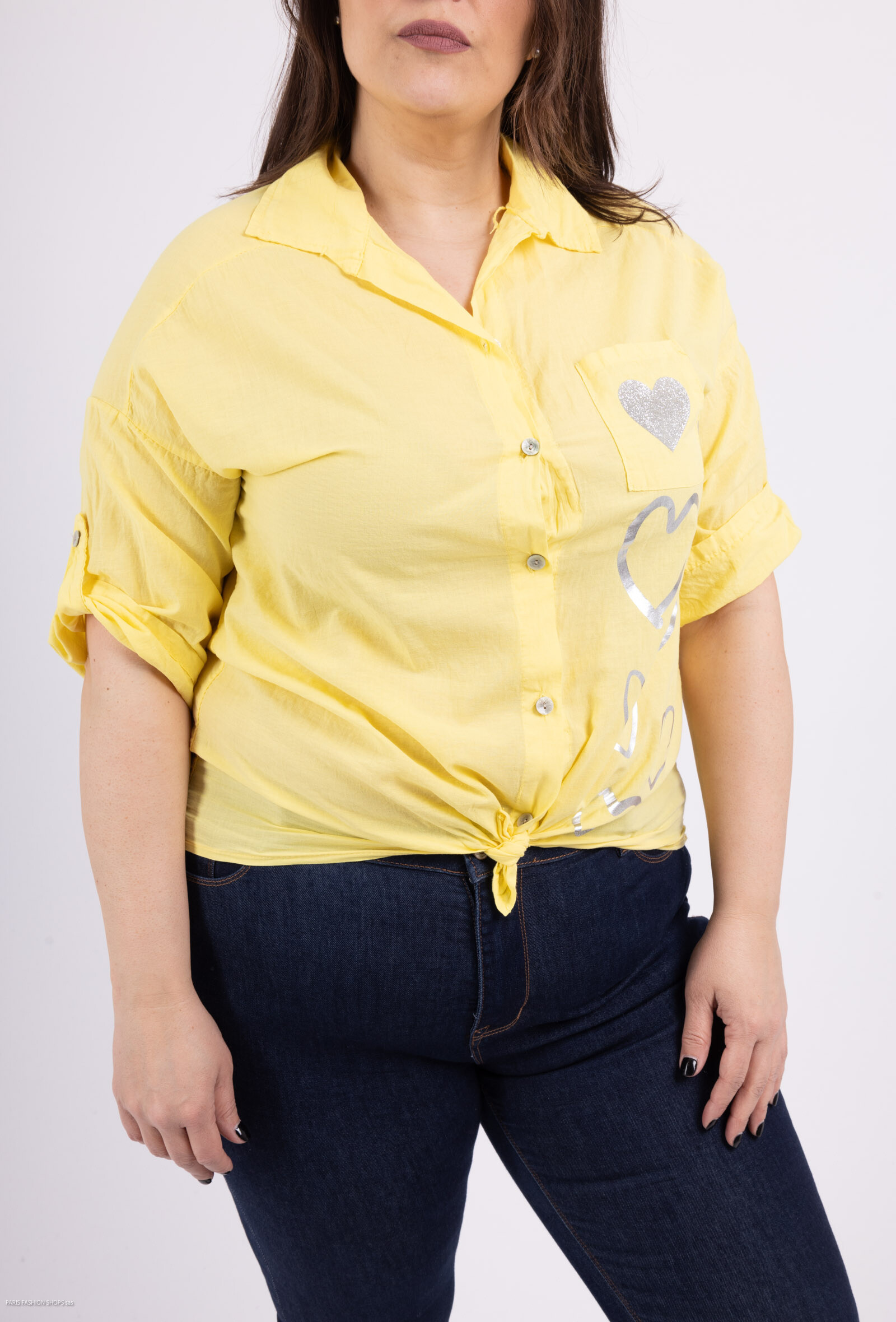 Wholesaler For Her Paris Grande Taille - Plain shirt or vest in 100% cotton with silver hearts 3/4 sleeves