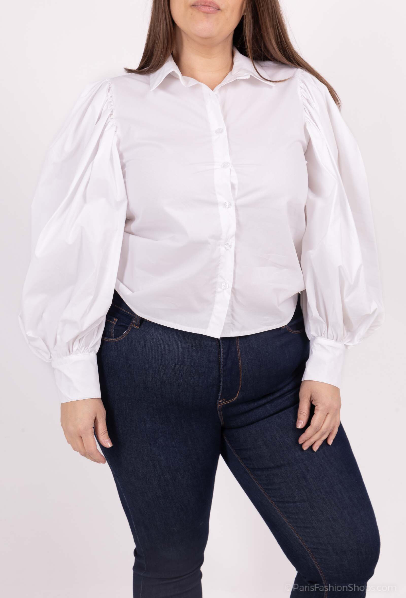 Grossiste For Her Paris Grande Taille - Chemise unie coton manches longues bouffantes plissées