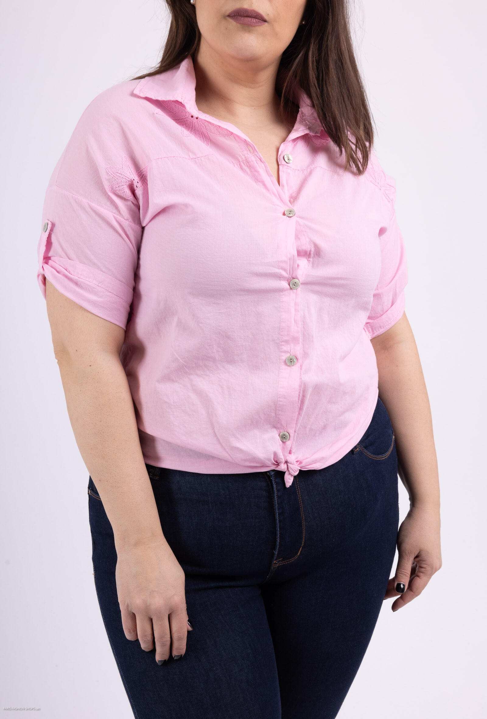 Wholesaler For Her Paris Grande Taille - Plain cardigan or shirt 100% cotton with 3/4 sleeves with embroidery