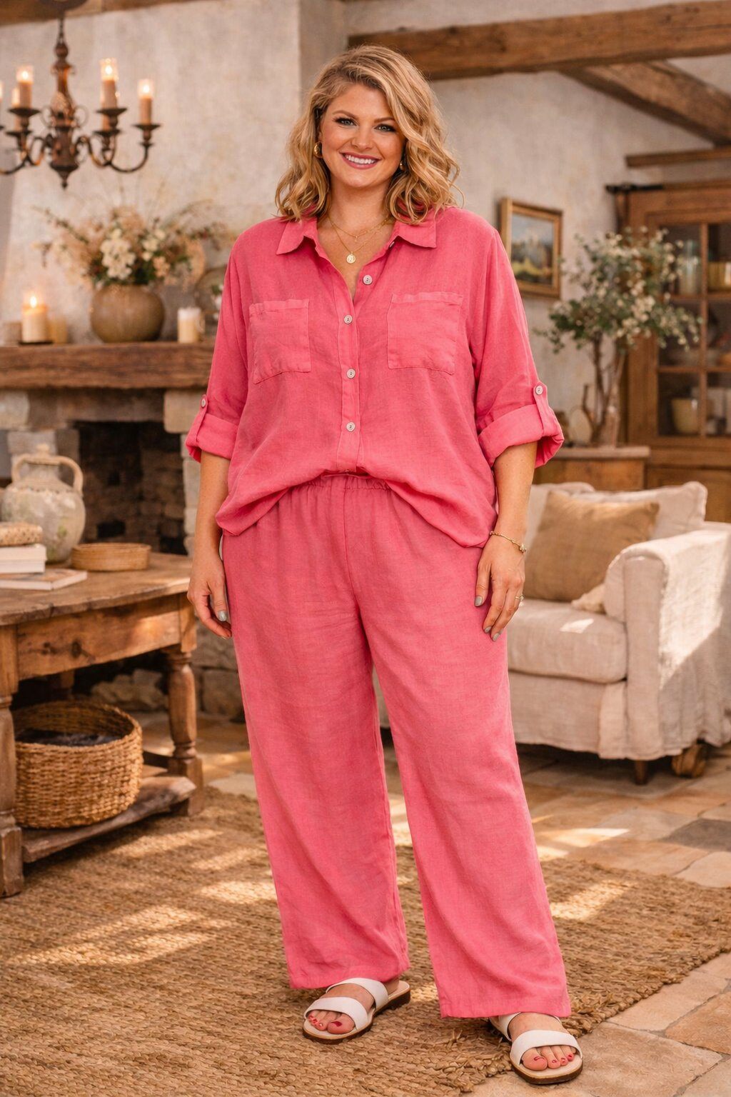 Wholesaler For Her Paris Grande Taille - Loose-fit 100% linen shirt with 3/4 sleeves, drawstring hem, and 2 pockets