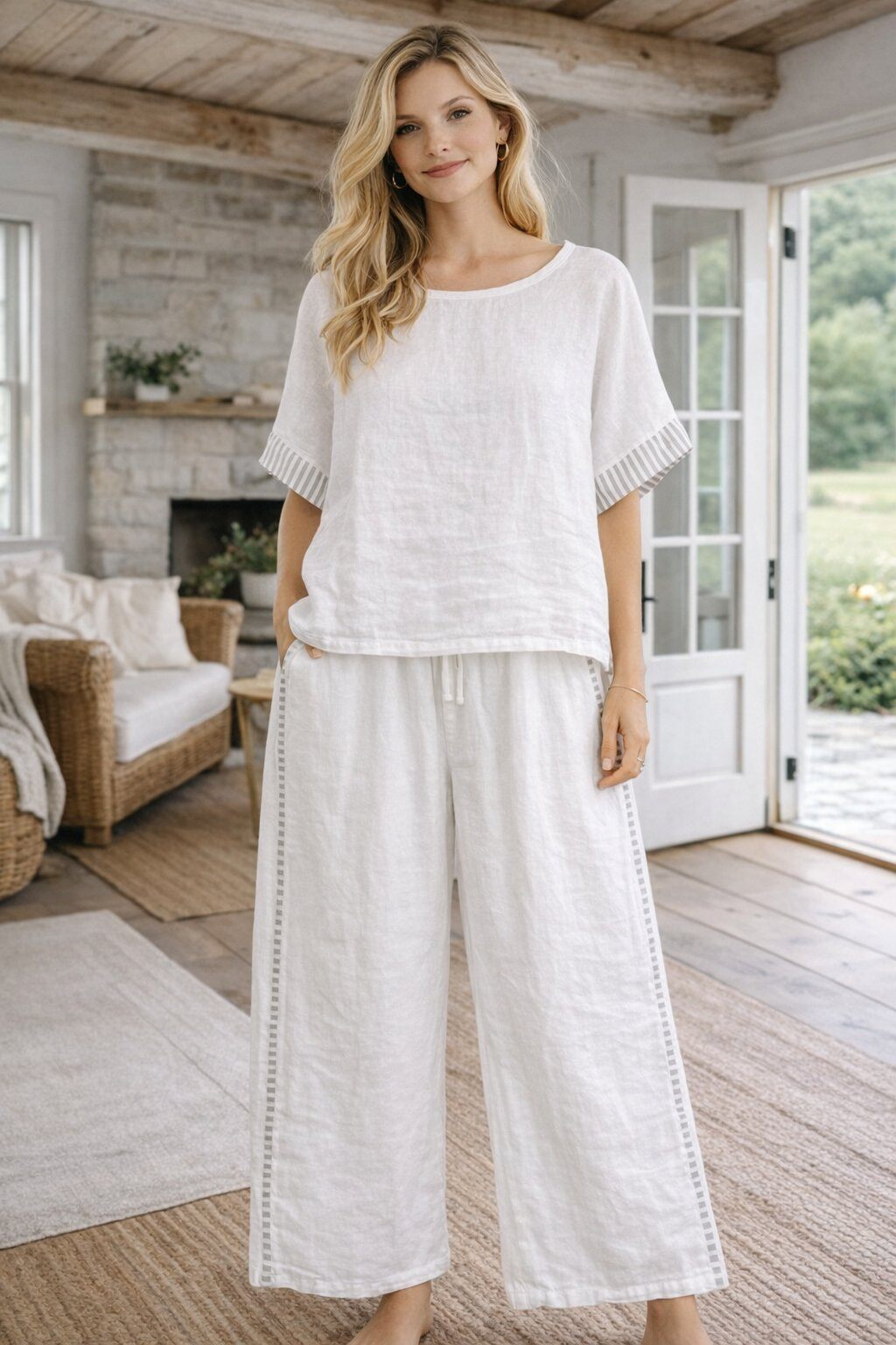 Wholesaler For Her Paris Grande Taille - 2-piece set: a striped lapel top and pants with a subtle stripe touch, 100% linen, natural elegance