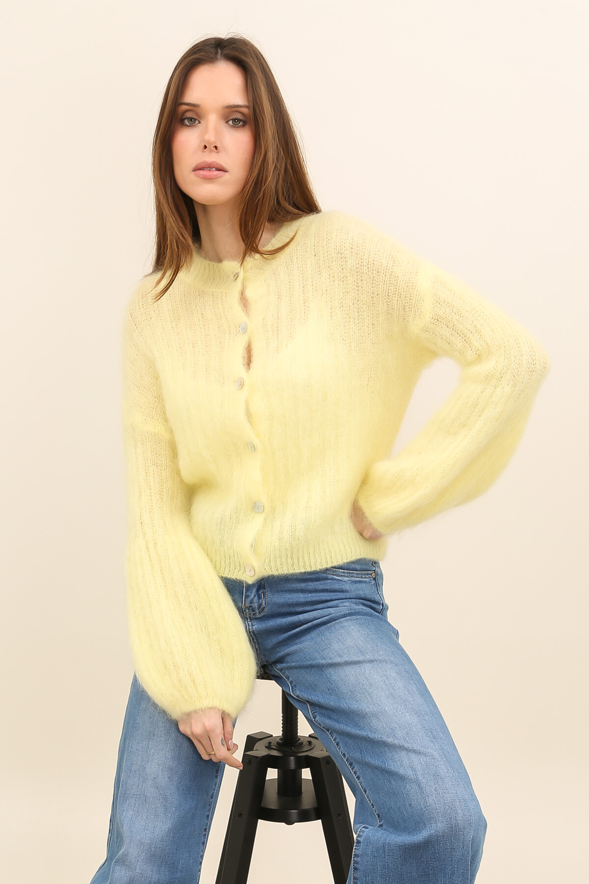 Grossista For Her Paris Grande Taille - Cardigan girocollo con bottoni, maniche lunghe, 80% kid mohair, eleganza senza tempo
