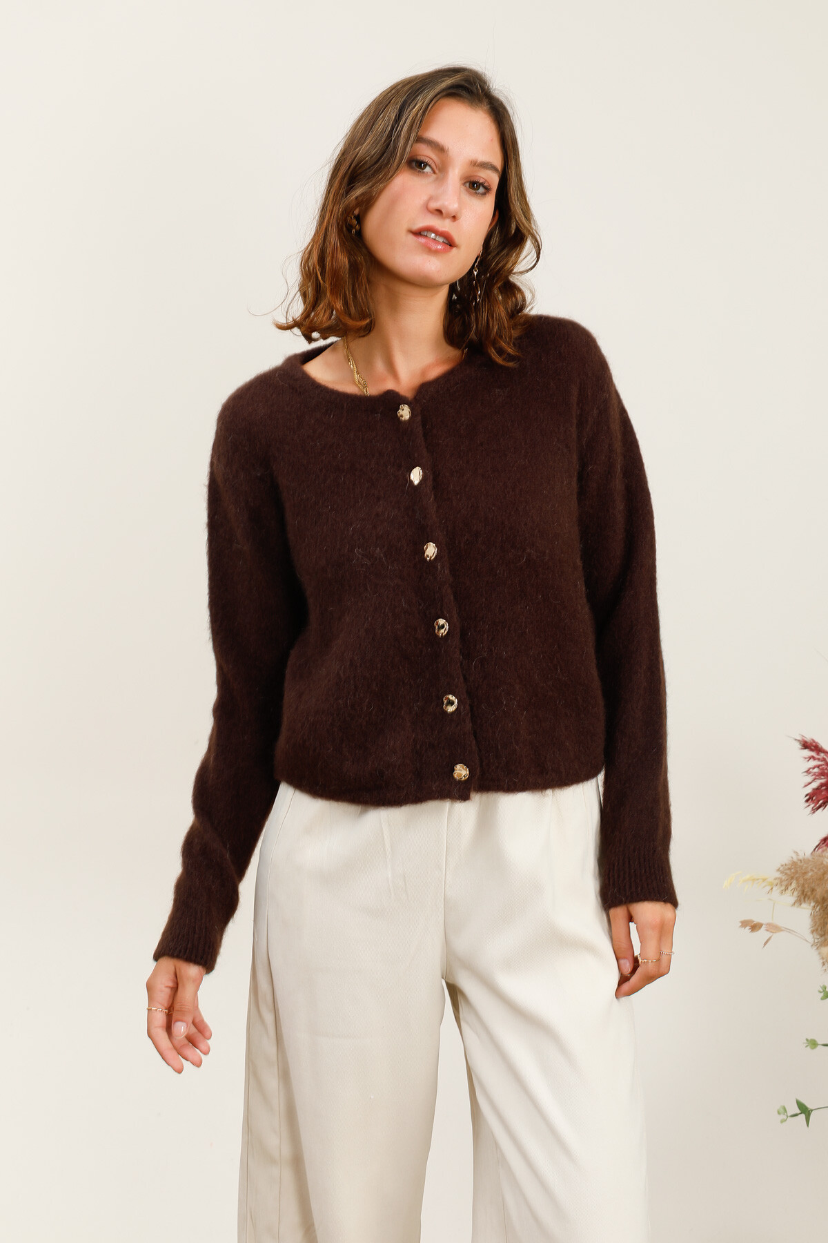 Wholesaler For Her Paris Grande Taille - Solid cardigan in kid mohair and merino wool, round neck, long sleeves, gold buttons, understated elegance