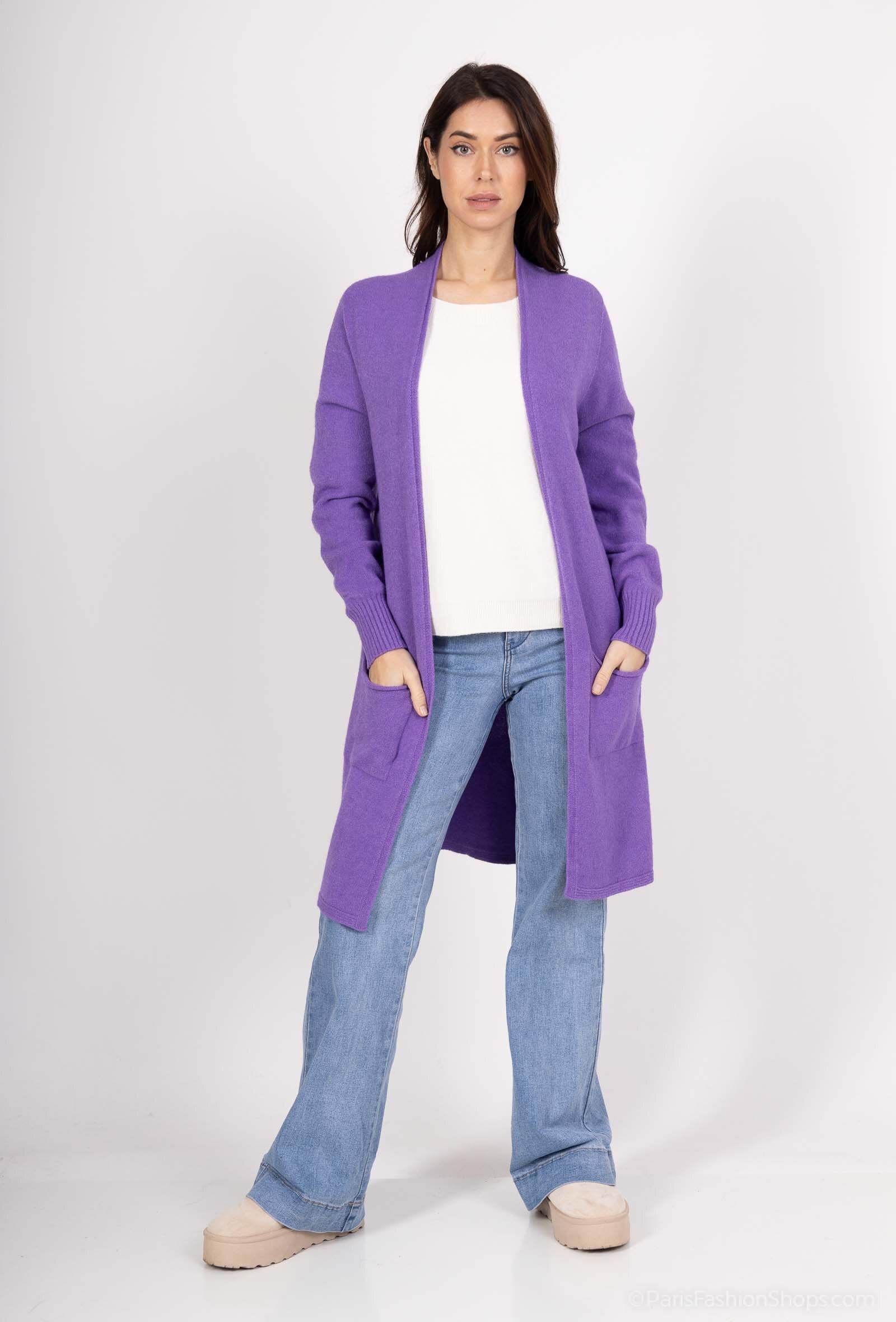 Grossista For Her Paris Grande Taille - Cardigan lungo tinta unita con maniche lunghe, effetto cashmere e 2 tasche