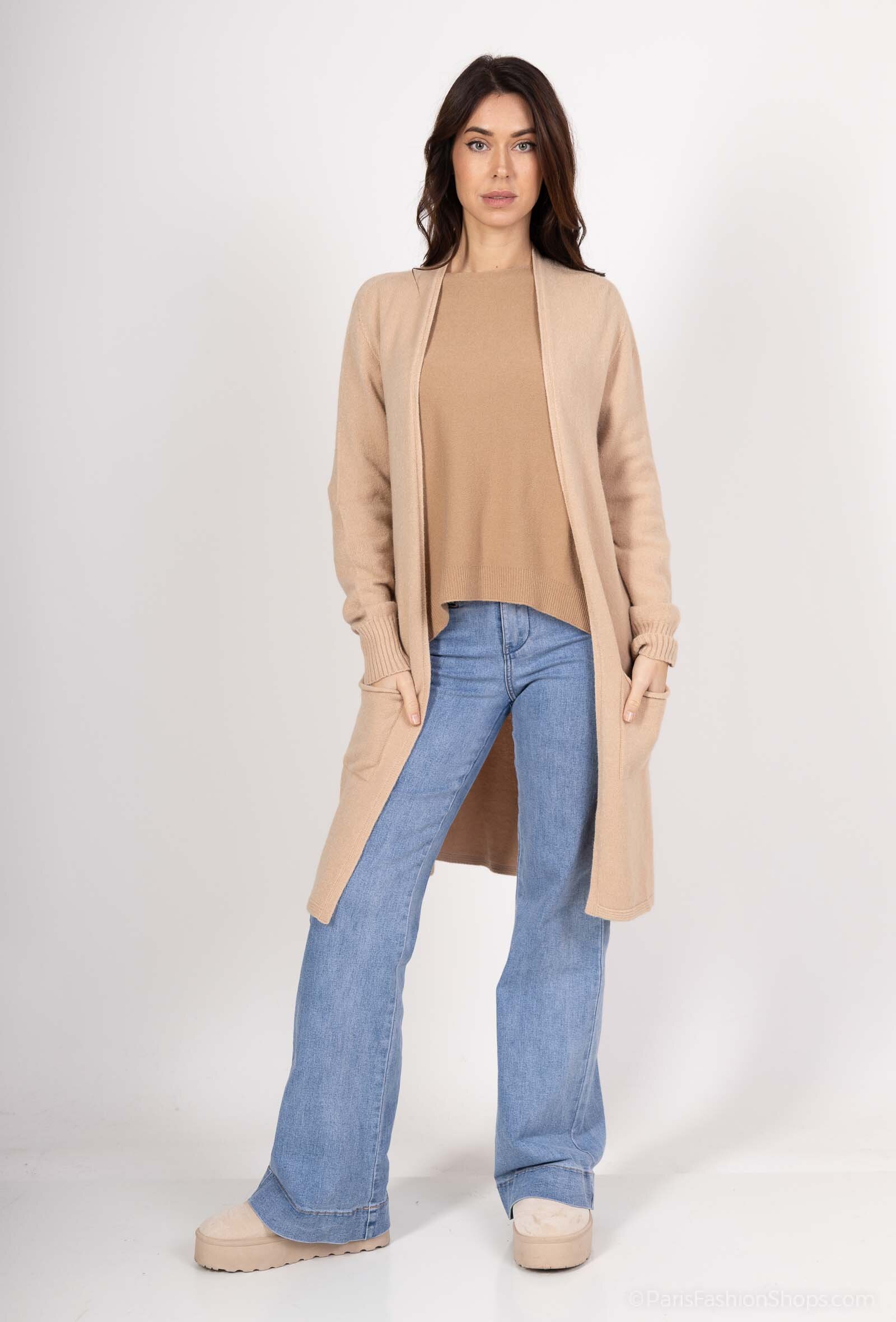 Großhändler For Her Paris Grande Taille - Langer einfarbiger Cardigan mit langen Ärmeln, Kaschmir-Touch und 2 Taschen