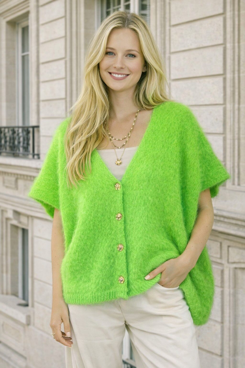 Grossista For Her Paris Grande Taille - Gilet senza maniche tinta unita 80% kid mohair con bottoni dorati testurizzati gilet premium senza tempo