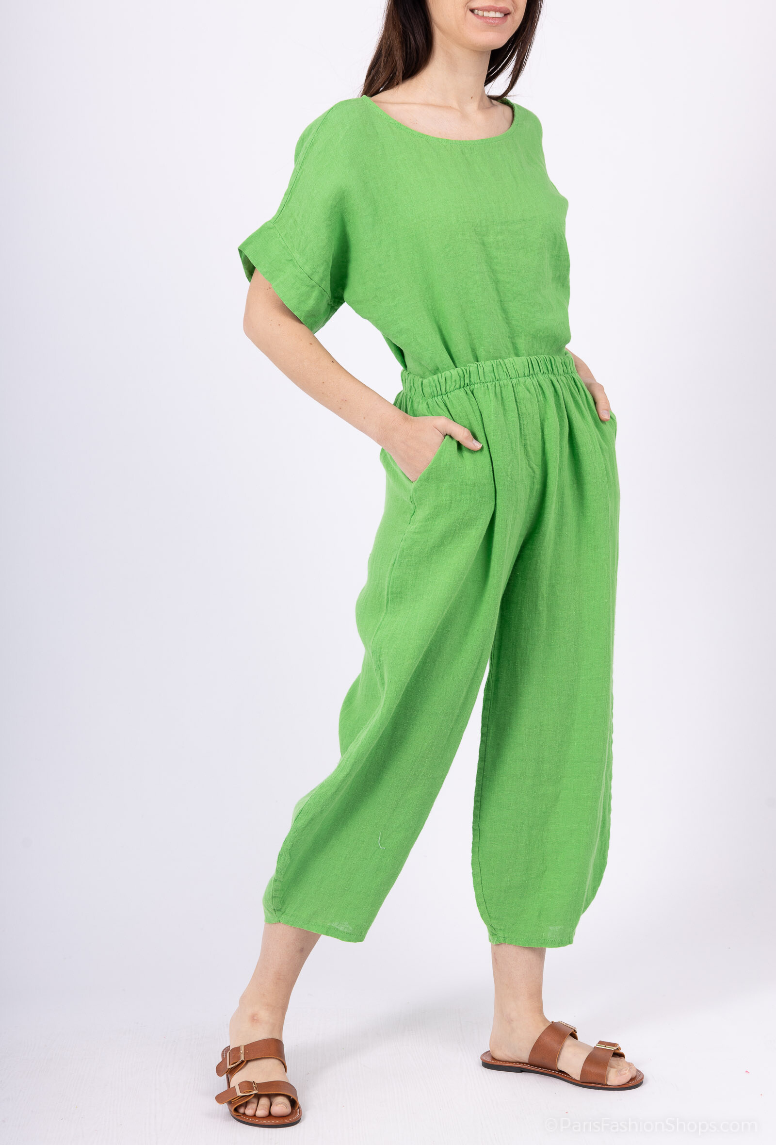 Mayorista For Her Paris Grande Taille - Pantalones Capri de Lino 100% para Mujer con Cintura Elástica y Ligero Efecto de Globo en la Parte Inferior