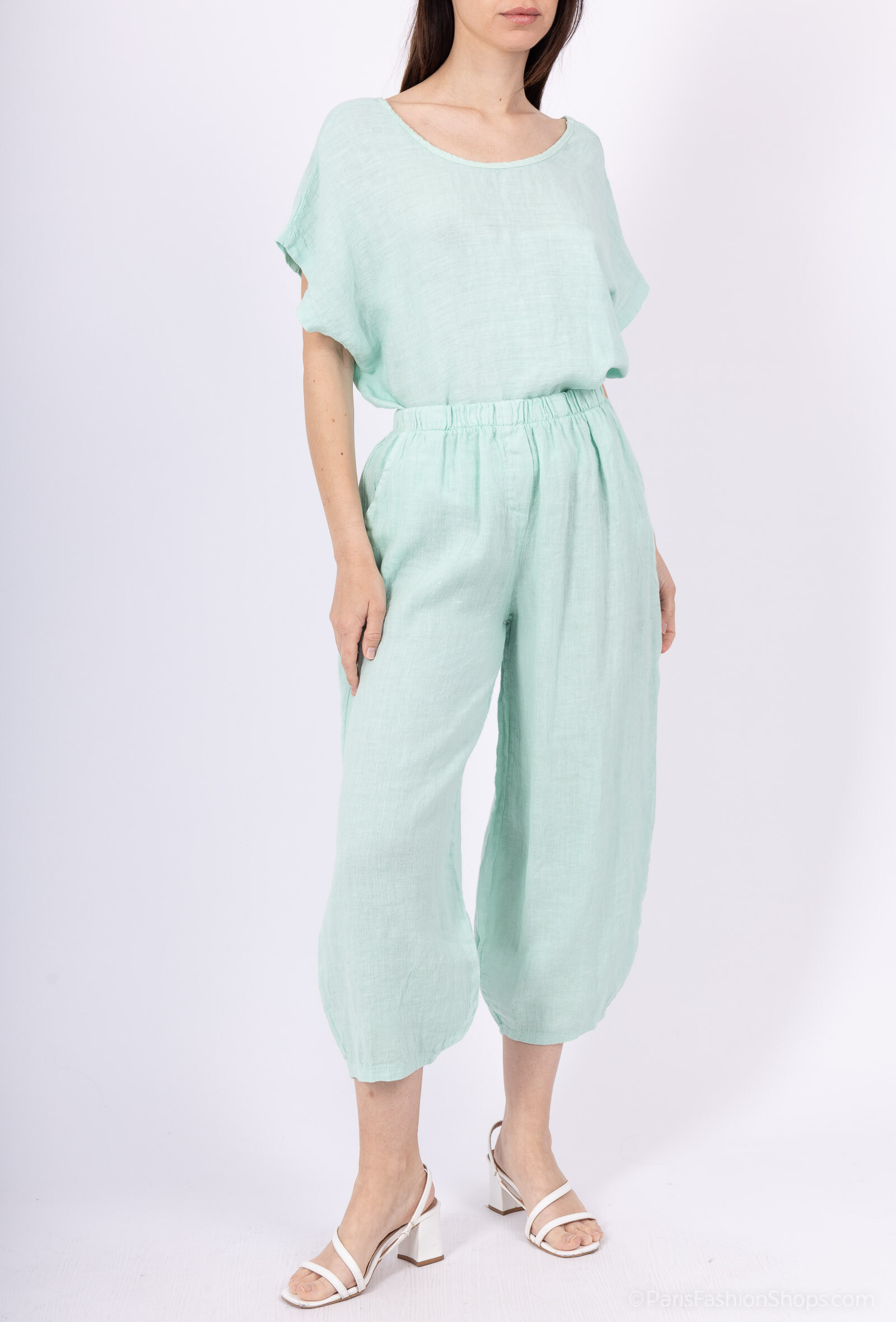 Grossiste For Her Paris Grande Taille - Pantacourt Femme 100% Lin Taille Élastiquée léger effet boule en bas