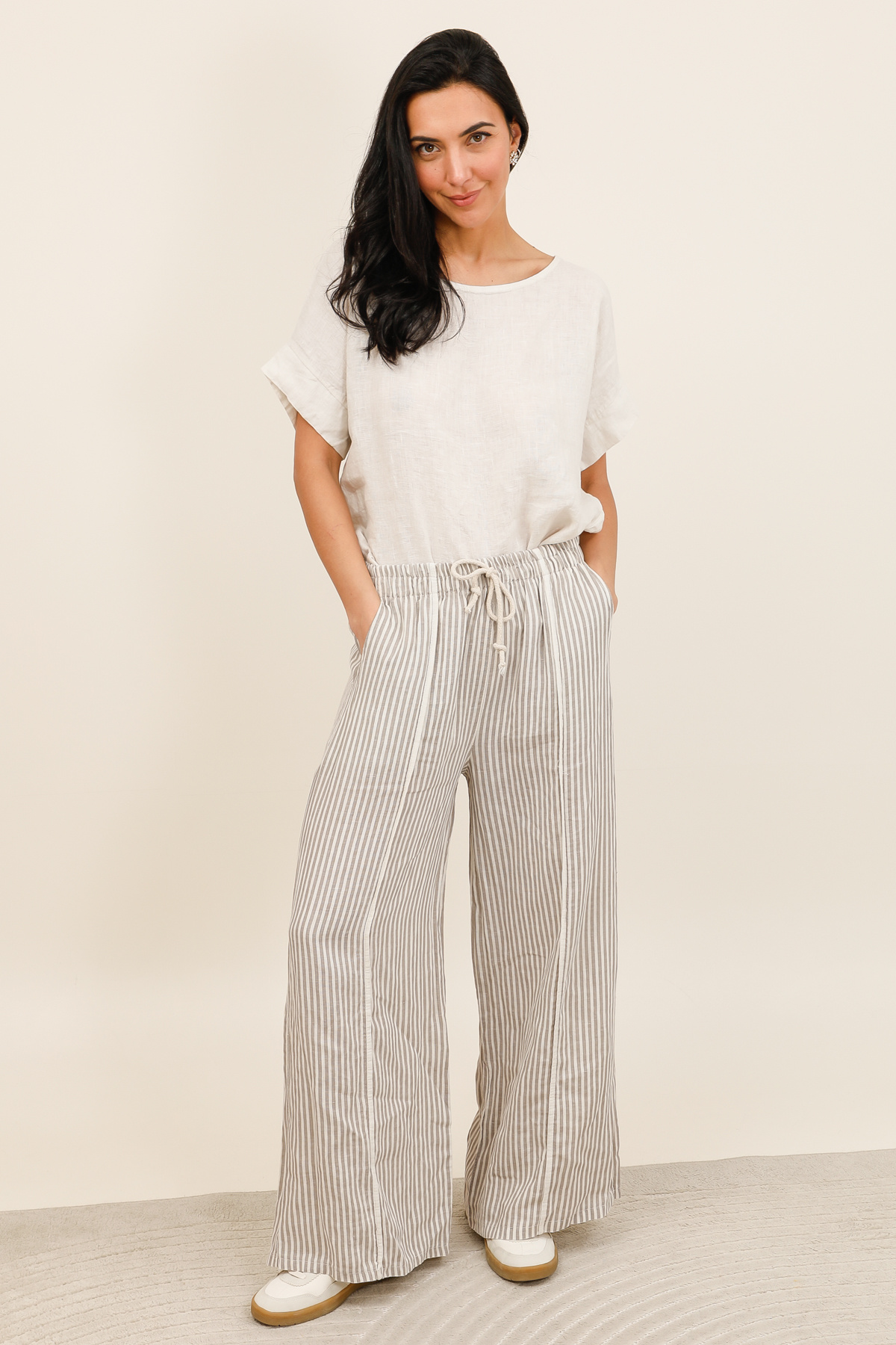Wholesaler For Her Paris Grande Taille - Wide-leg 100% linen striped pants with elastic waistband natural elegance
