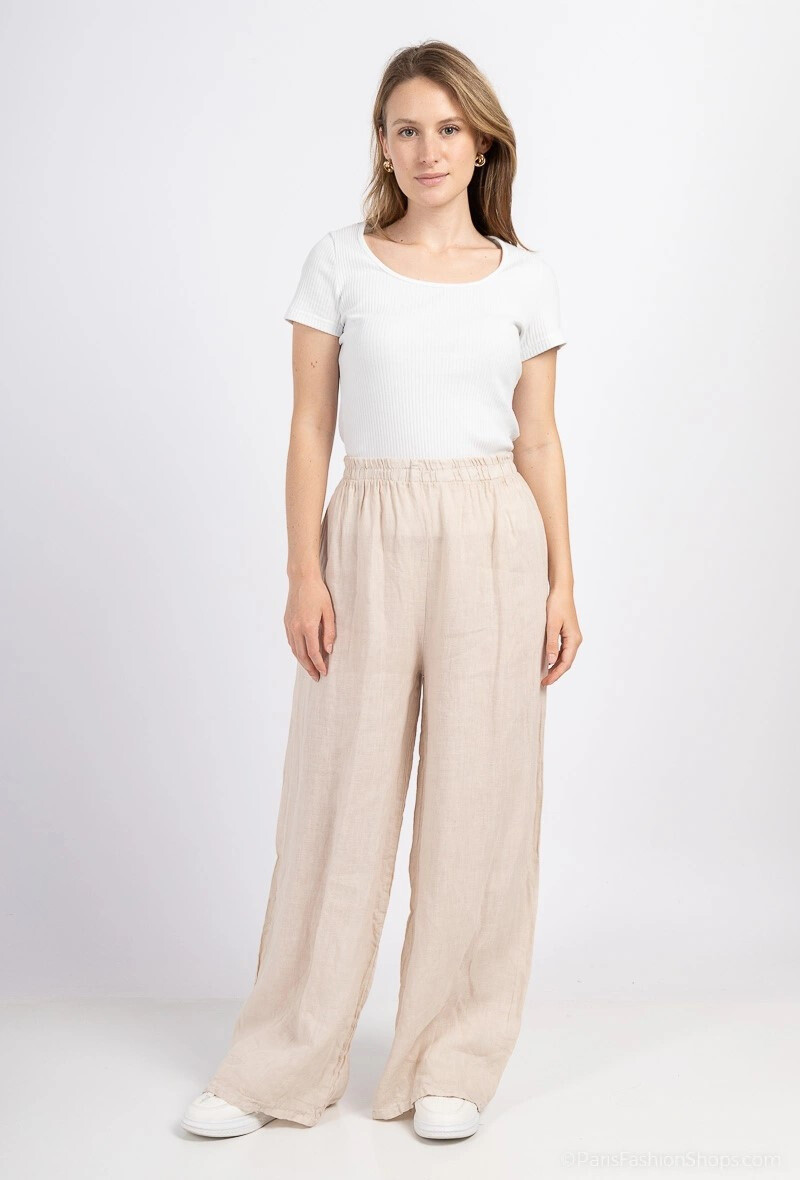 Grossiste For Her Paris Grande Taille - Pantalon uni 100% lin taille élastiquée