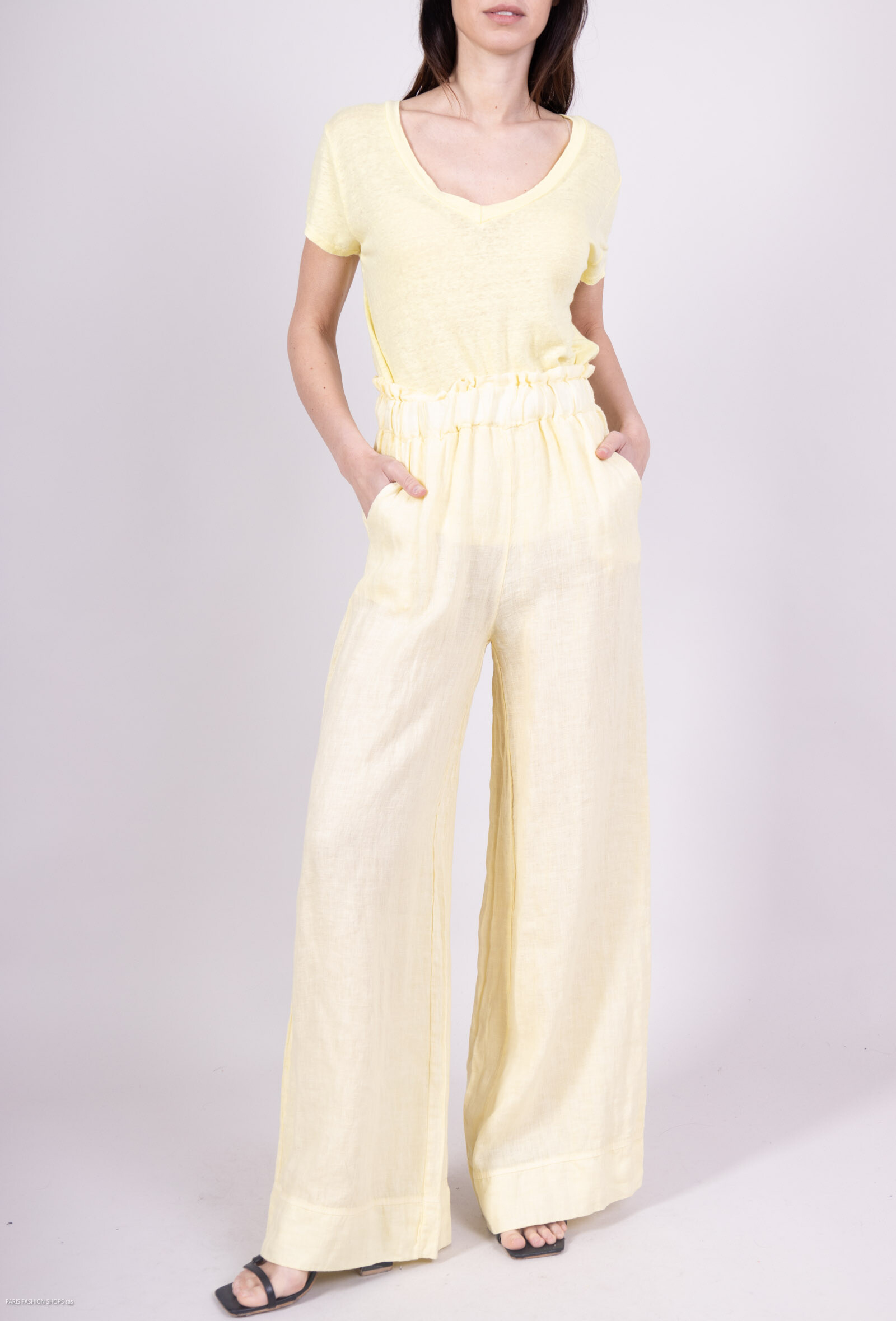 Wholesaler For Her Paris Grande Taille - Wide uni trousers 100% linen elastic waist with ruffled effect 2 front pockets