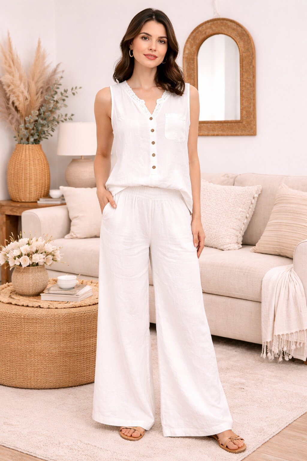 Wholesaler For Her Paris Grande Taille - Wide-leg 100% linen pants with smocked waist natural elegance