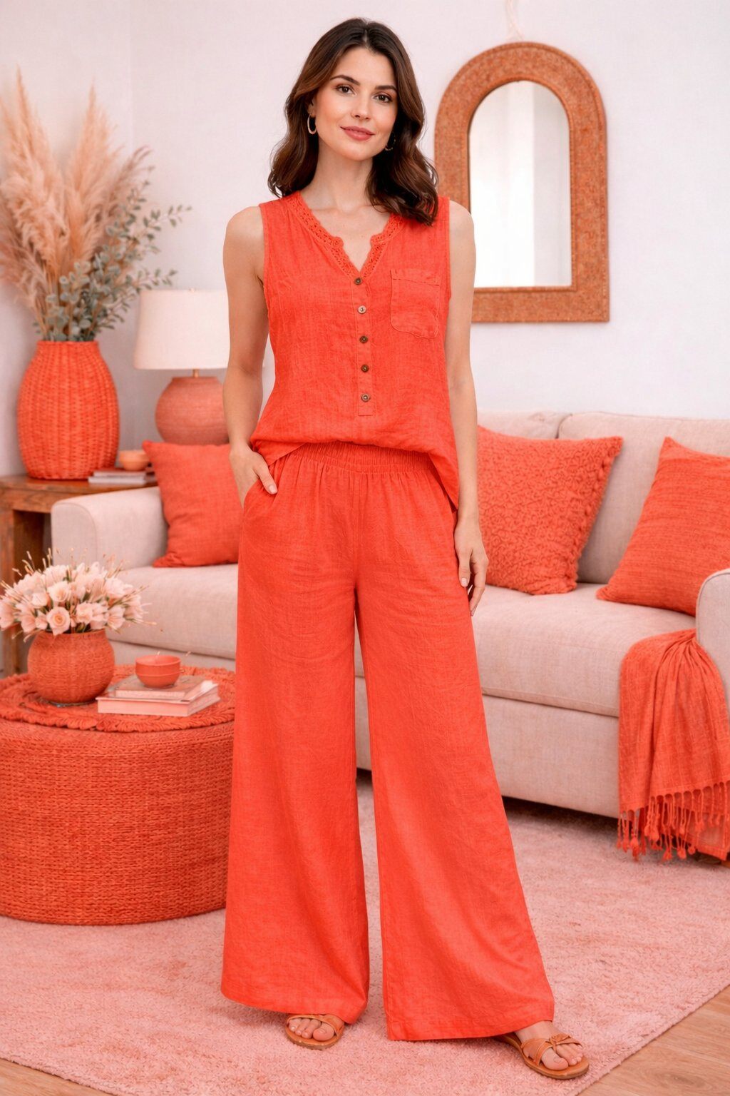 Großhändler For Her Paris Grande Taille - Weite Hose aus 100% Leinen mit gesmoktem Bund natürliche Eleganz