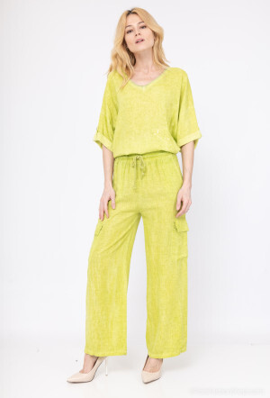 Grossiste For Her Paris Grande Taille - Pantalon cargo large en lin taille élastiquée poches latérales délavage spécial