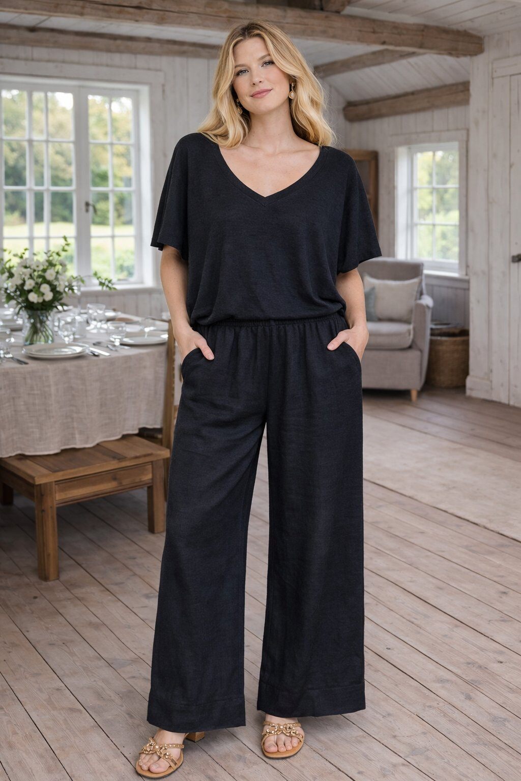 Wholesaler For Her Paris Grande Taille - Wide-leg 100% linen trousers with elastic waistband natural elegance