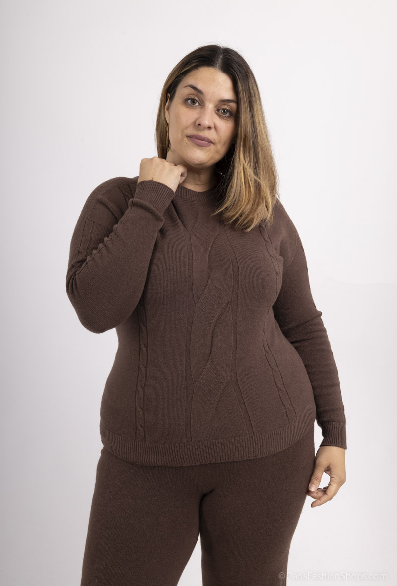 Großhändler For Her Paris Grande Taille - Nahtloser, schlichter, gedrehter Langarmpullover mit Rundhalsausschnitt