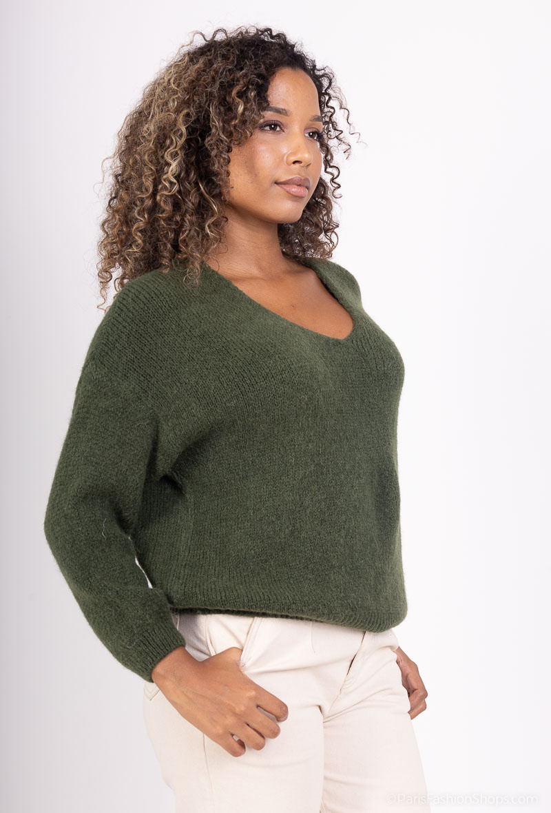 Großhändler For Her Paris Grande Taille - Schlichter, übergroßer Pullover mit V-Ausschnitt aus Babyalpaka, lange Ärmel