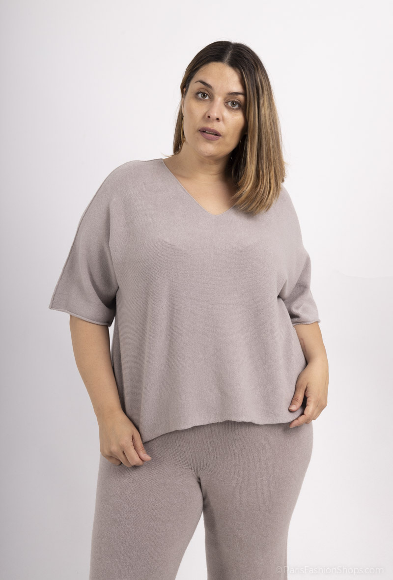 Grossista For Her Paris Grande Taille - Maglione oversize monocolore senza cuciture con maniche 3/4 scollo a V