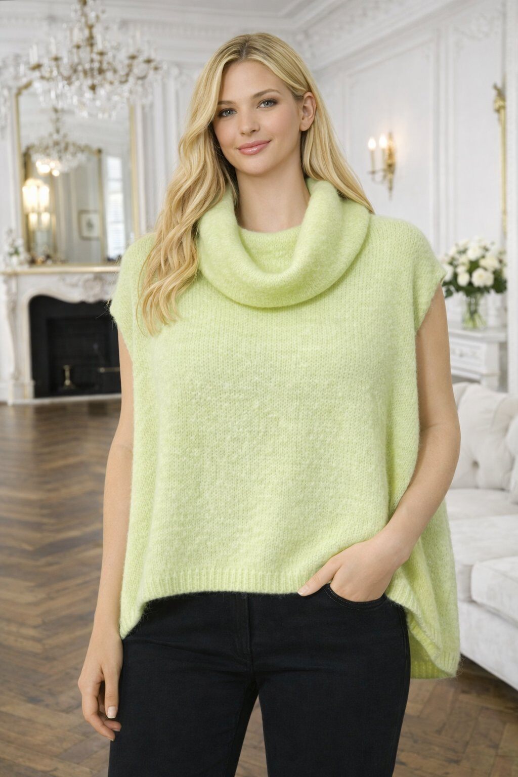 Wholesaler For Her Paris Grande Taille - Solid color turtleneck poncho sweater, sleeveless, in baby alpaca, non-itchy