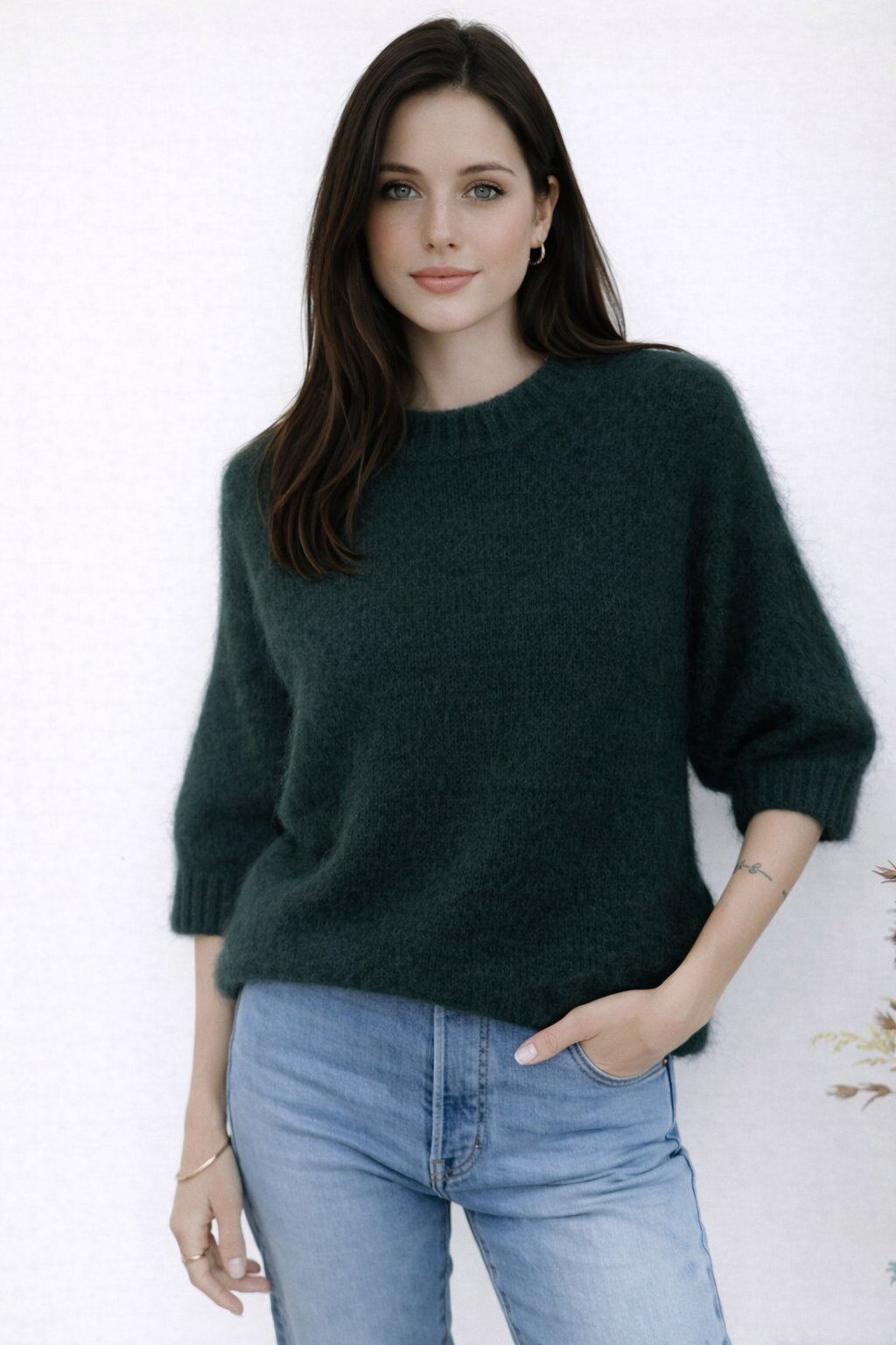 Grossista For Her Paris Grande Taille - Maglione in kid mohair a tinta unita con collo rotondo a coste e maniche a metà lunghezza, eleganza discreta