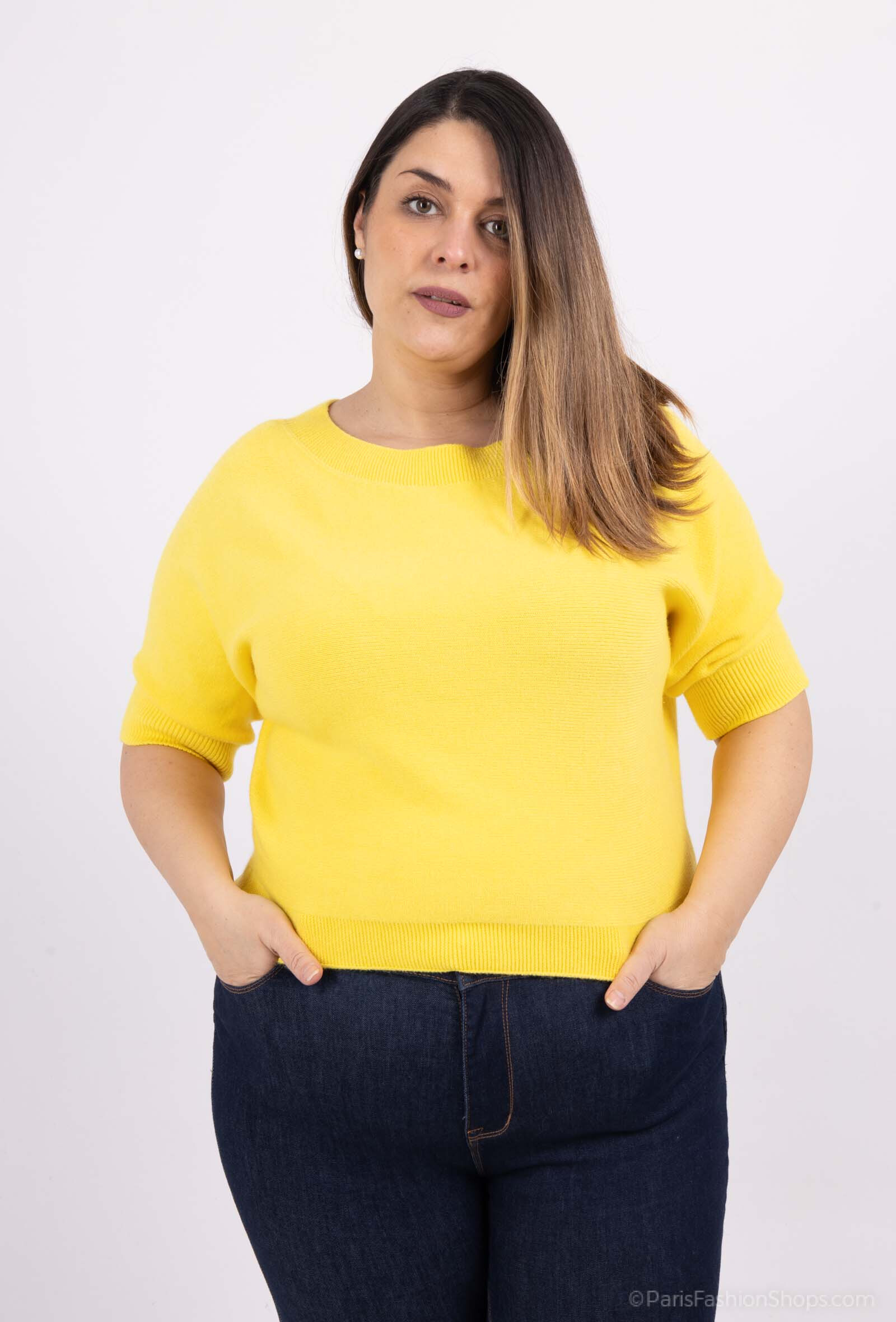 Mayorista For Her Paris Grande Taille - Suéter sin costuras de color sólido con cuello de barco y mangas 3/4 de cachemira