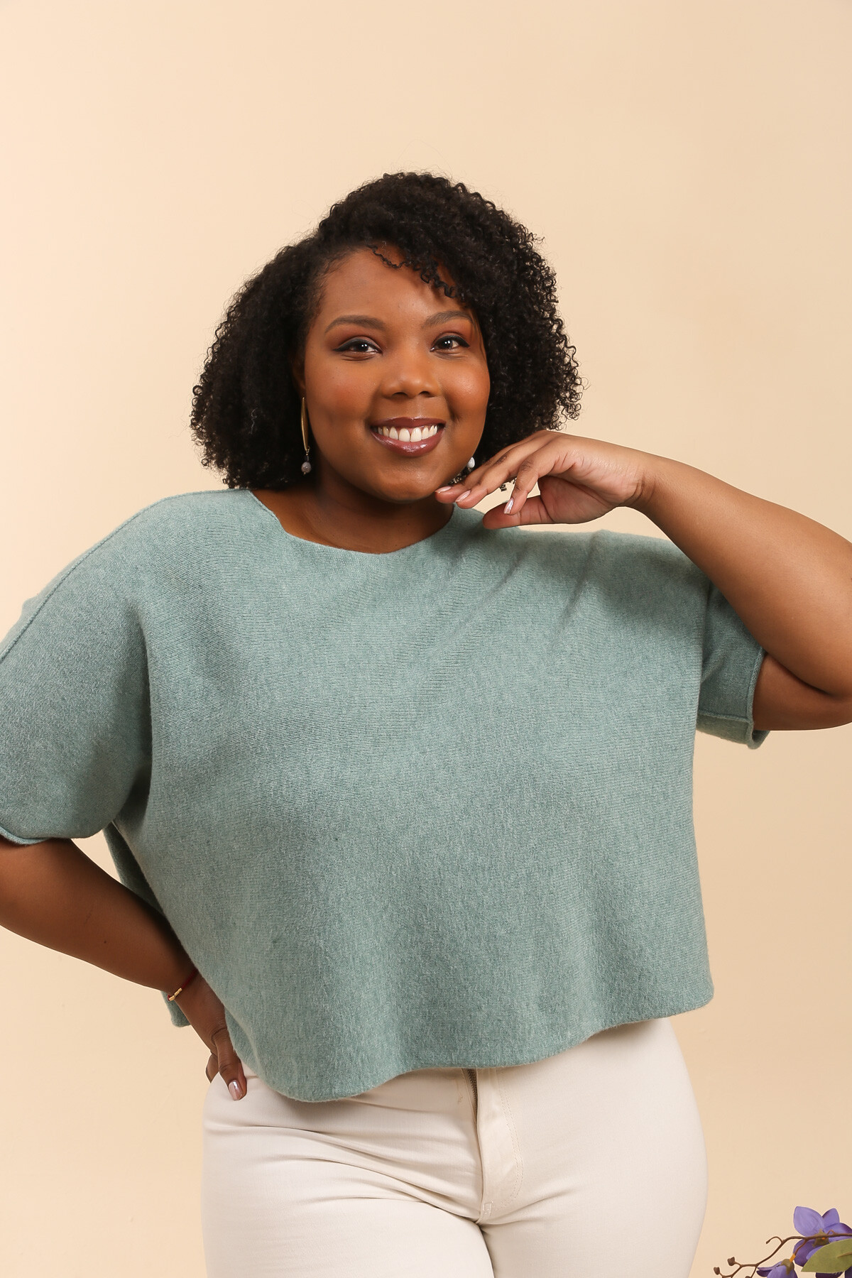 Wholesaler For Her Paris Grande Taille - Seamless oversized solid sweater with round neck and 3/4 sleeves