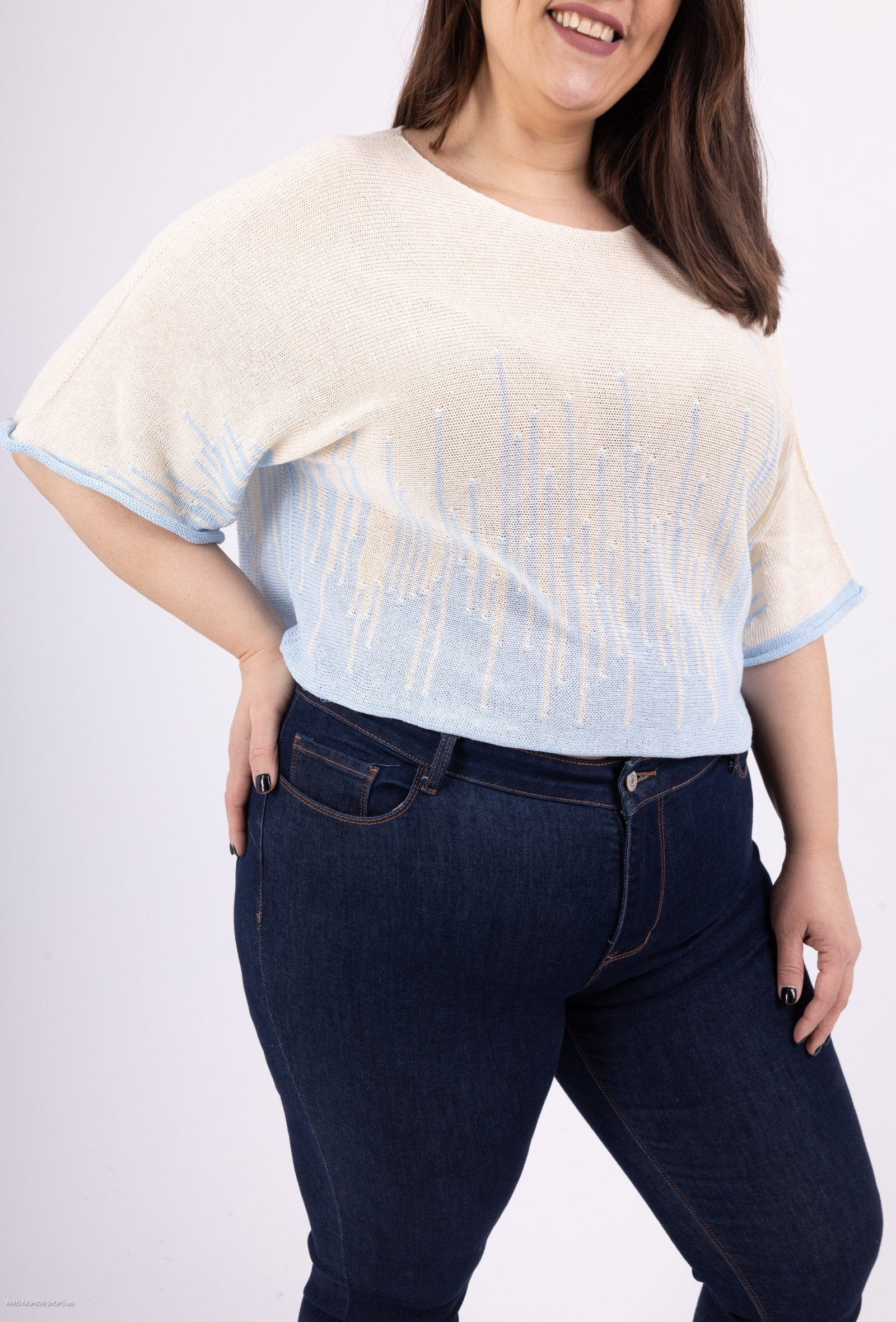 Wholesaler For Her Paris Grande Taille - Cotton sweater in plain mesh with geometric pattern short sleeves
