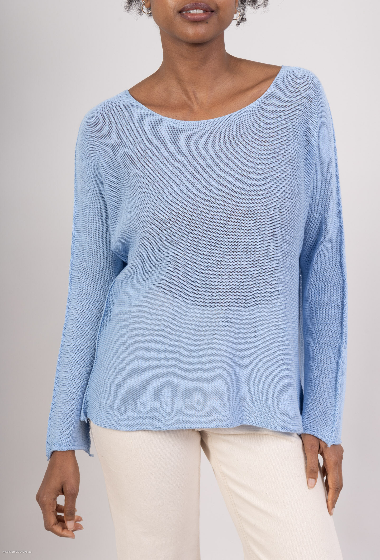Grossiste For Her Paris Grande Taille - Pull uni sans couture en 100% coton col rond manches longues