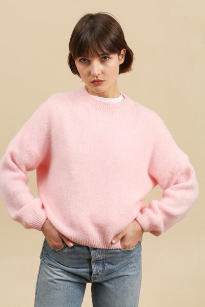 Grossista For Her Paris Grande Taille - Maglione oversize in baby alpaca tinta unita con collo rotondo a coste e maniche lunghe, non prude Grossista For Her Paris Grande Taille - Maglione oversize in baby alpaca tinta unita con collo rotondo a coste e maniche lunghe, non prude