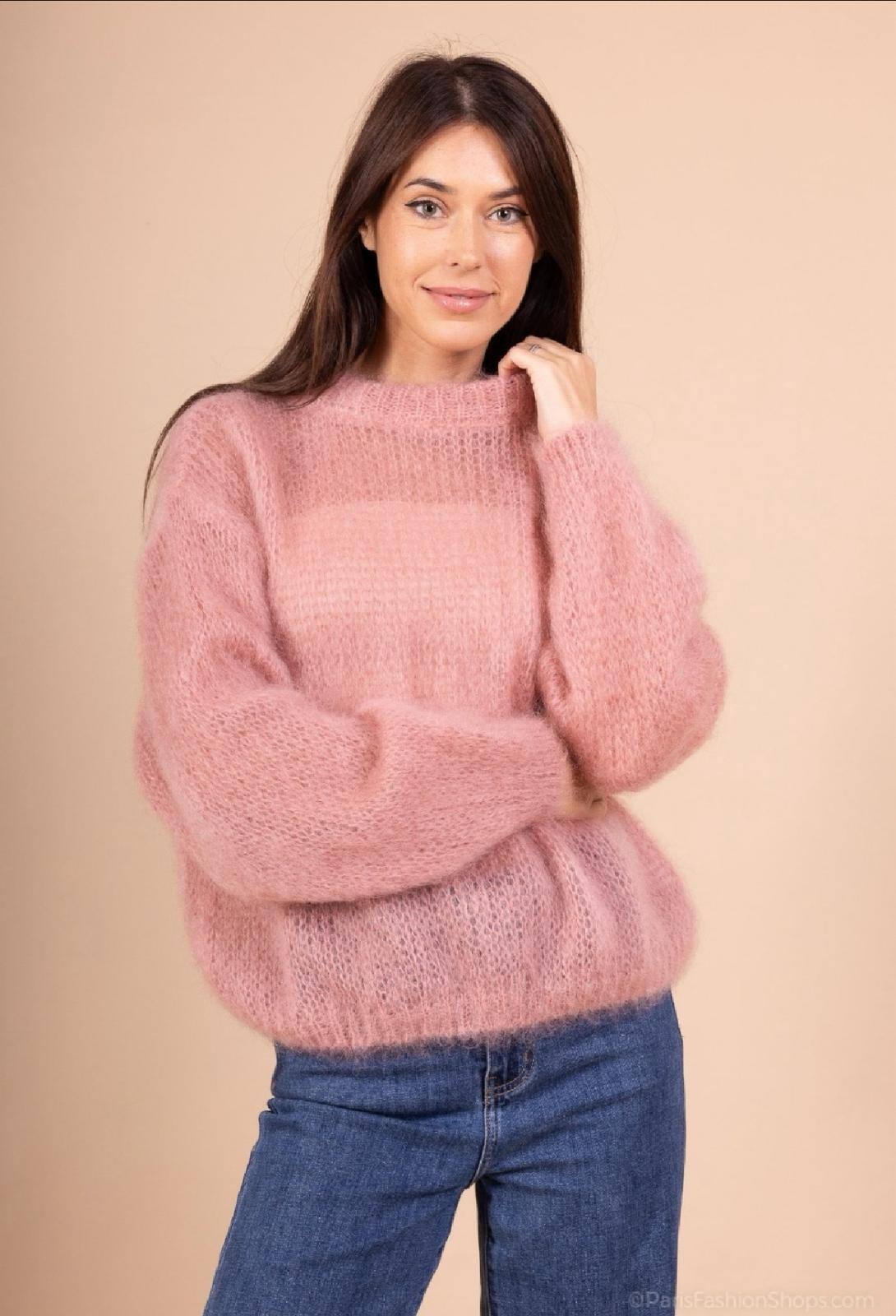Wholesaler For Her Paris Grande Taille - Solid color kid mohair sweater with round neck and long sleeves, timeless high-end sweater