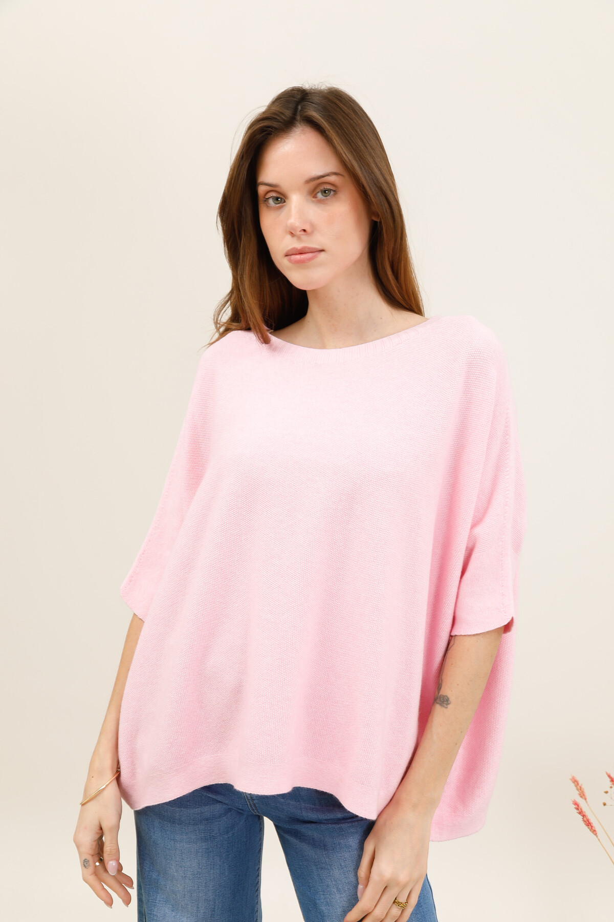 Grossista For Her Paris Grande Taille - Maglione a tinta unita con collo rotondo e maniche corte al tatto di cashmere