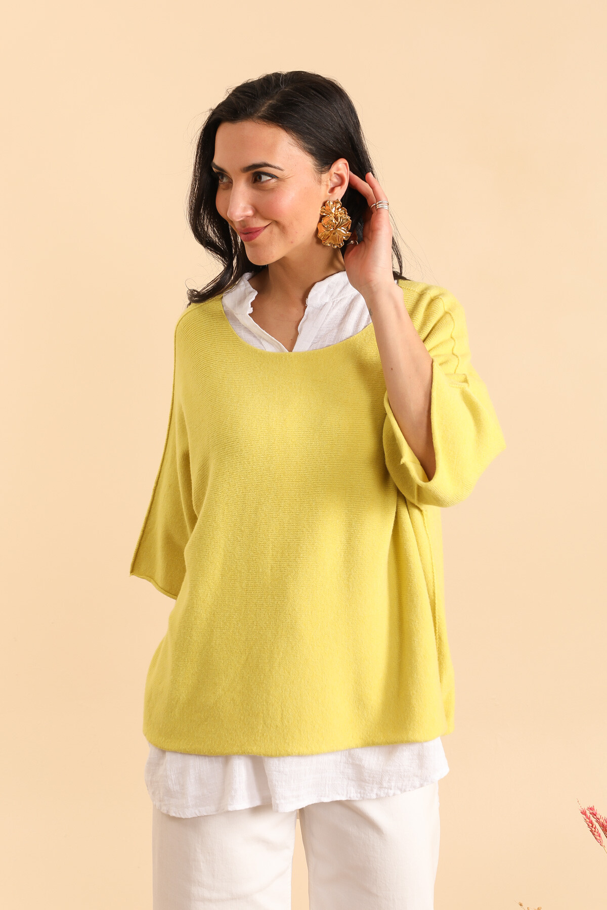 Wholesaler For Her Paris Grande Taille - Seamless oversized solid sweater with round neck and 3/4 sleeves