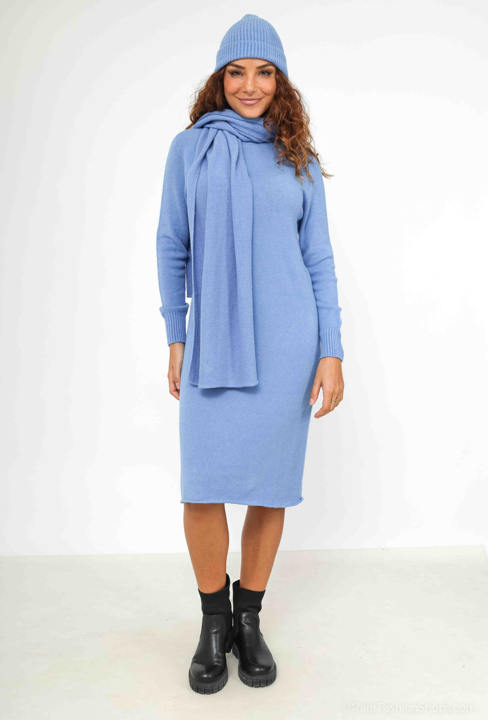 Mayorista For Her Paris Grande Taille - Vestido entallado liso de punto con cuello redondo mangas largas al tacto de cachemira