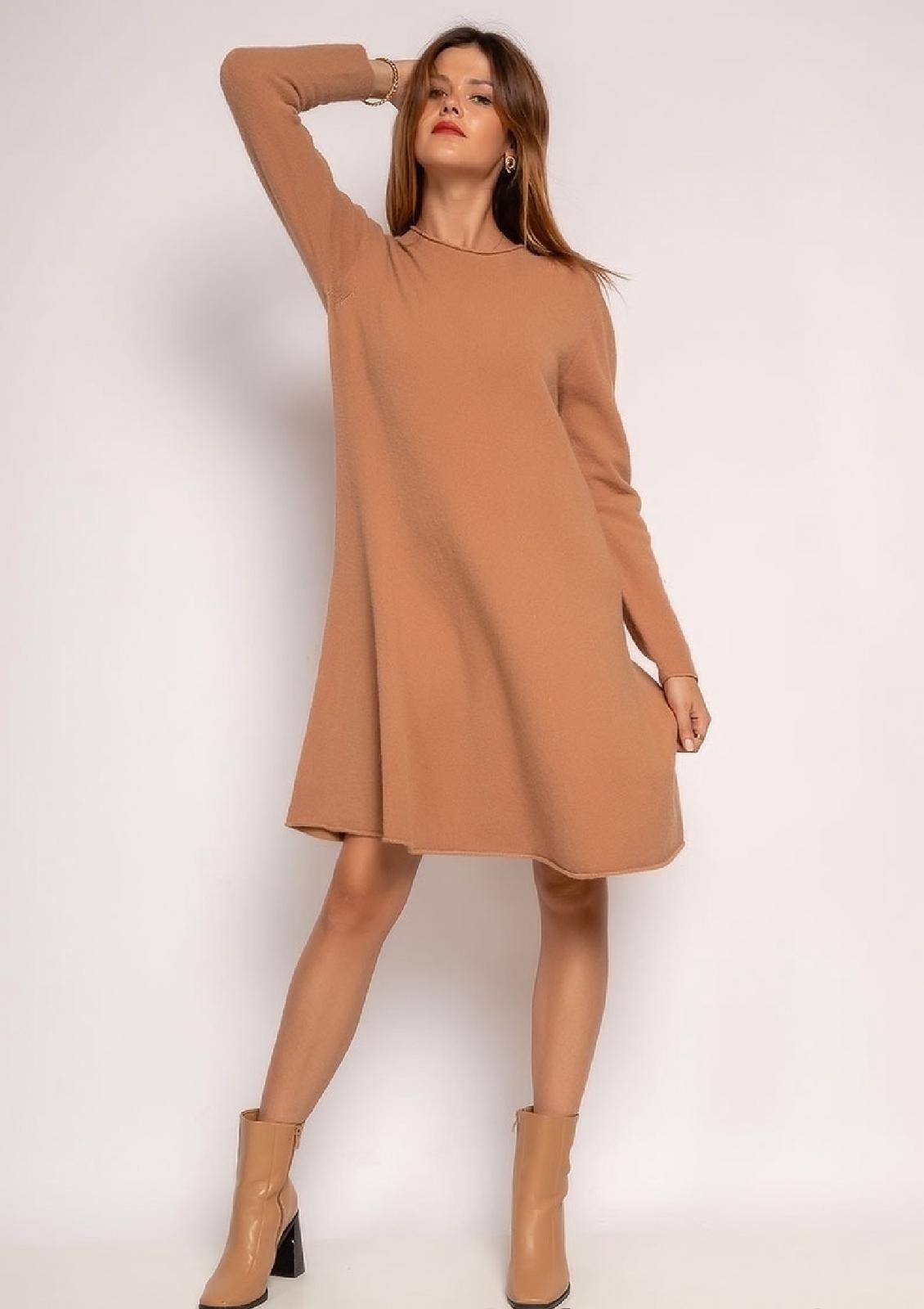 Wholesaler For Her Paris Grande Taille - Knit dress in plain slightly flared round neck long sleeves cashmere touch