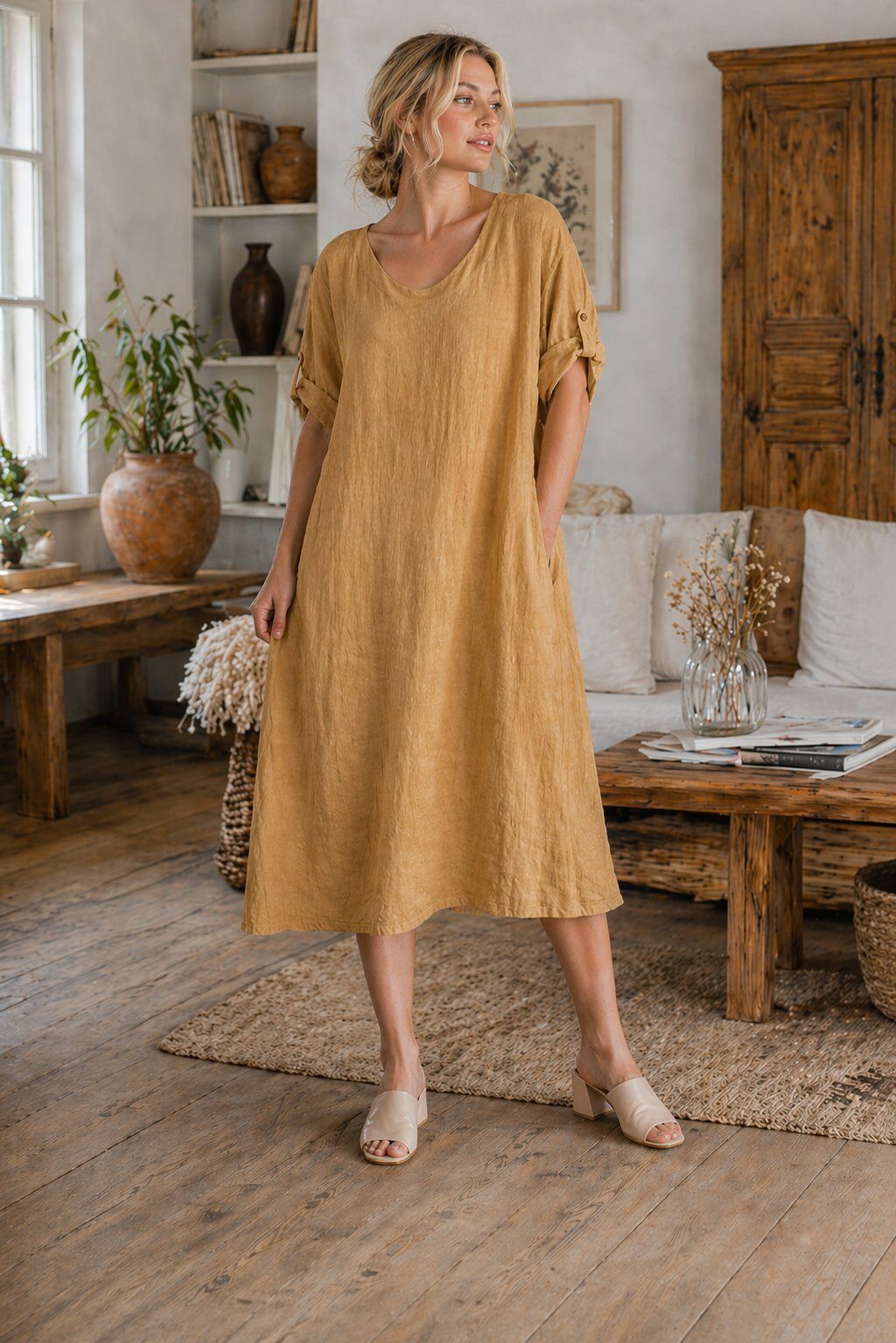 Wholesaler For Her Paris Grande Taille - 100% Linen V-Neck Dress with 3/4 Sleeves Natural Elegance